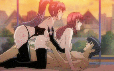 mina (ane haramix), takami akitoshi, takami hitomi, ane haramix, lilith-soft, animated, animated gif, lowres, 00s, 1boy, 2girls, all fours, anal, anal object insertion, ass, bent over, bisexual female, black hair, black thighhighs, bouncing breasts, breast rest, breasts, brother and sister, bustier, closed eyes, clothed sex, cowgirl position, dildo, doggystyle, double penetration, elbow gloves, ffm threesome, garter belt, garter straps, girl on top, gloves, grabbing another's breast, groping, group sex, hanging breasts, hetero, incest, large breasts, lingerie, long hair, lying, multiple girls, multiple penetration, nipples, nude, object insertion, on back, open mouth, ponytail, red hair, sex, sex from behind, sex toy, short hair, siblings, sisters, sky, straddling, strap-on, sunset, thighhighs, threesome, uncensored, underwear, vaginal, very long hair, window