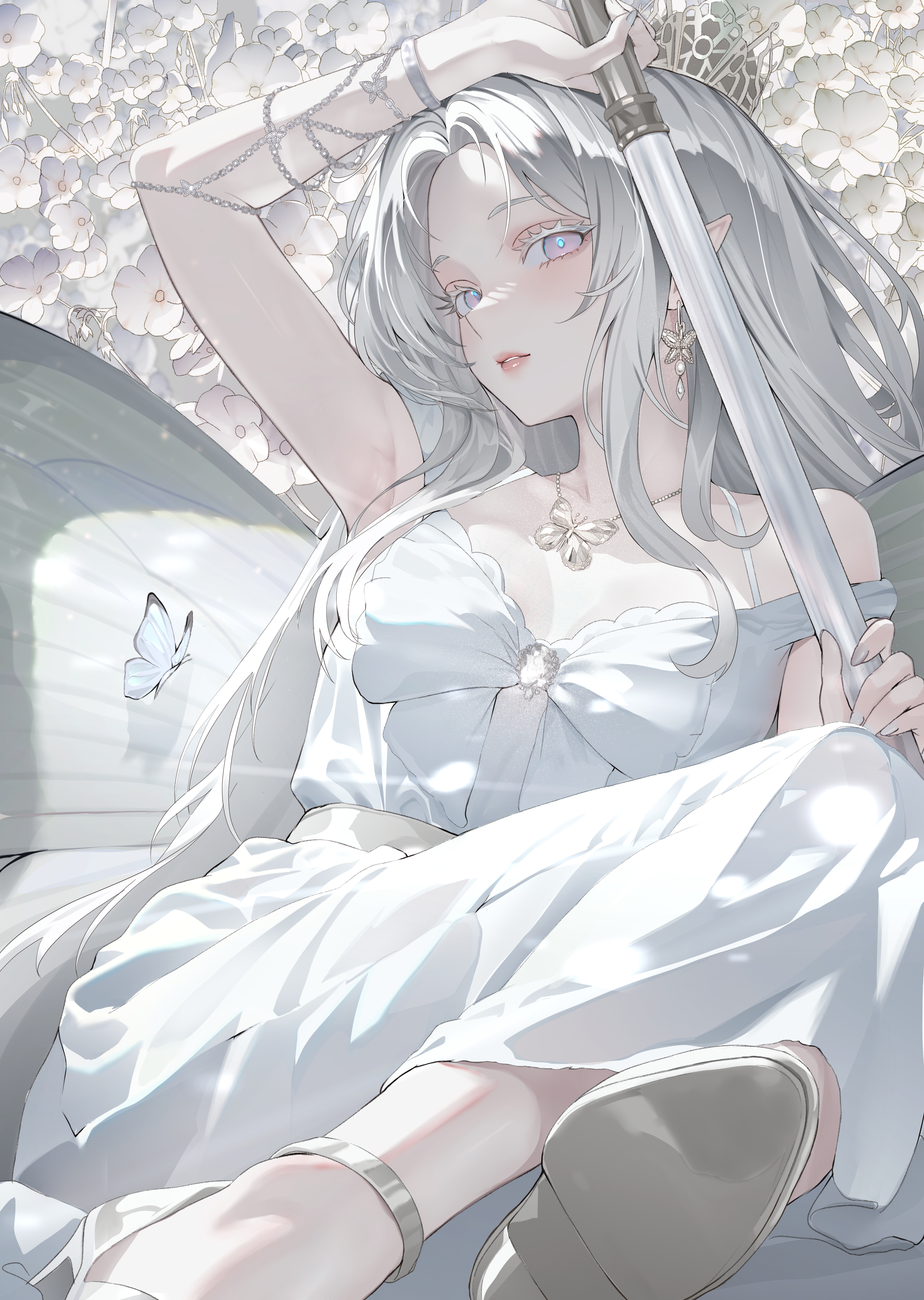 sharc, original, absurdres, commentary request, highres, 1girl, arm up, armpits, breasts, bug, butterfly, butterfly wings, dress, earrings, flower, grey hair, holding, holding staff, insect, insect wings, jewelry, long hair, looking at viewer, multicolored eyes, necklace, parted lips, pointy ears, solo, staff, white dress, white flower, white nails, white theme, wings