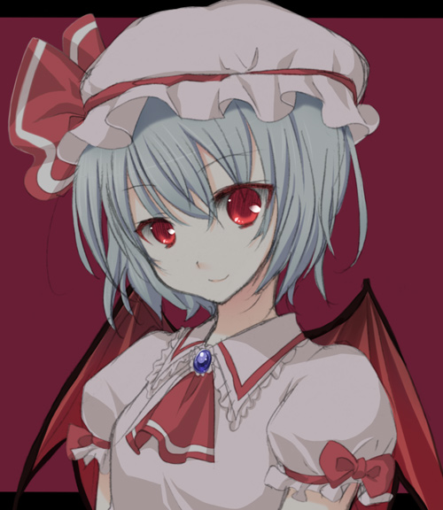 amagu, remilia scarlet, touhou, silver hair, bad id, bad pixiv id, 1girl, ascot, bat wings, blue hair, brooch, collar, female focus, gem, hat, jewelry, looking at viewer, mob cap, puffy short sleeves, puffy sleeves, red eyes, short hair, short sleeves, solo, upper body, wings