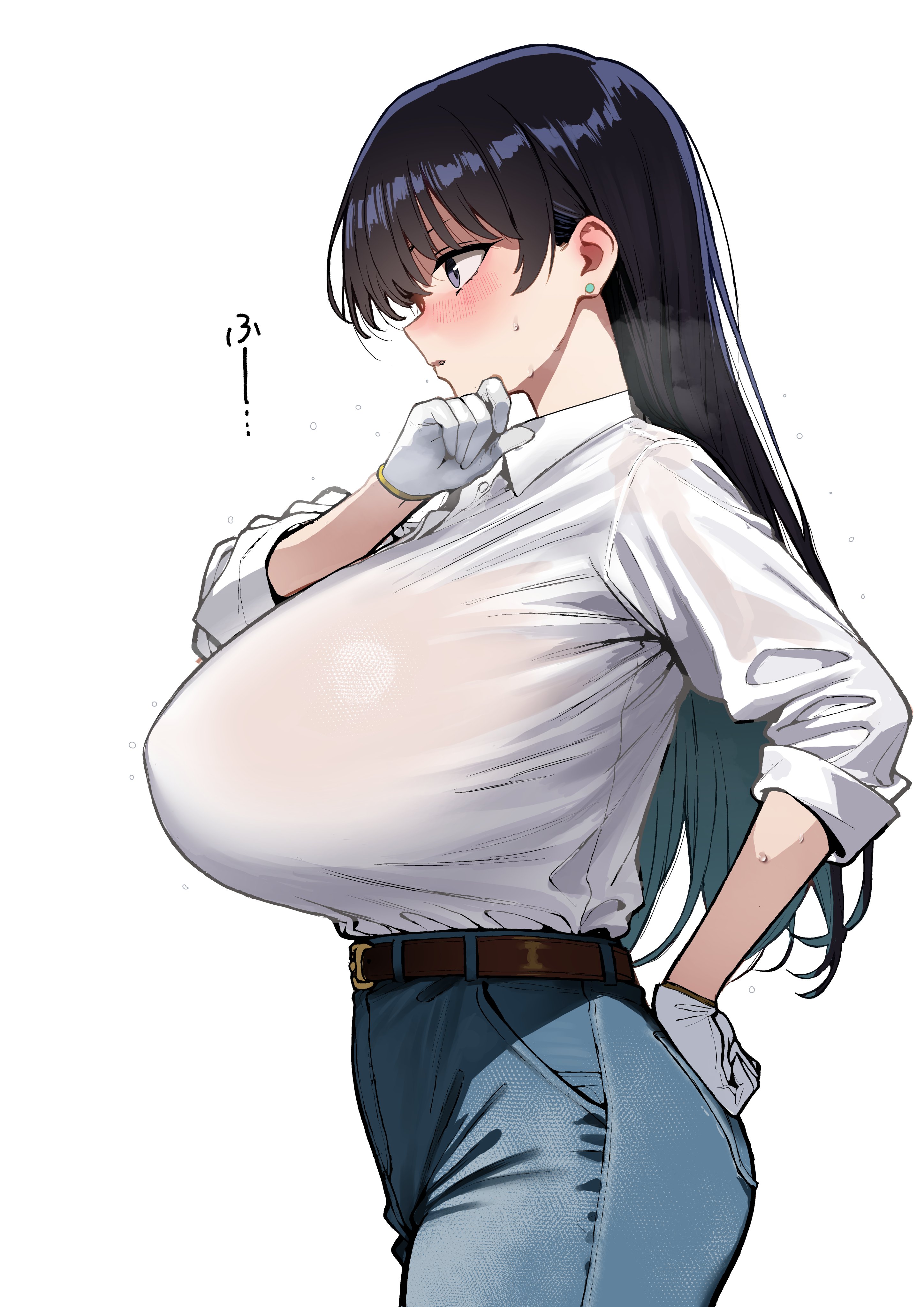 gen (black factory), arato nagi, ruri no houseki, absurdres, commentary, highres, 1girl, belt, belt buckle, black eyes, black hair, blue pants, blush, breasts, brown belt, buckle, collared shirt, cowboy shot, denim, earrings, flying sweatdrops, from side, gloves, hand up, huge breasts, jeans, jewelry, long hair, pants, parted lips, romaji commentary, shirt, shirt tucked in, simple background, sleeves rolled up, solo, stud earrings, sweat, white background, white gloves, white shirt, work gloves