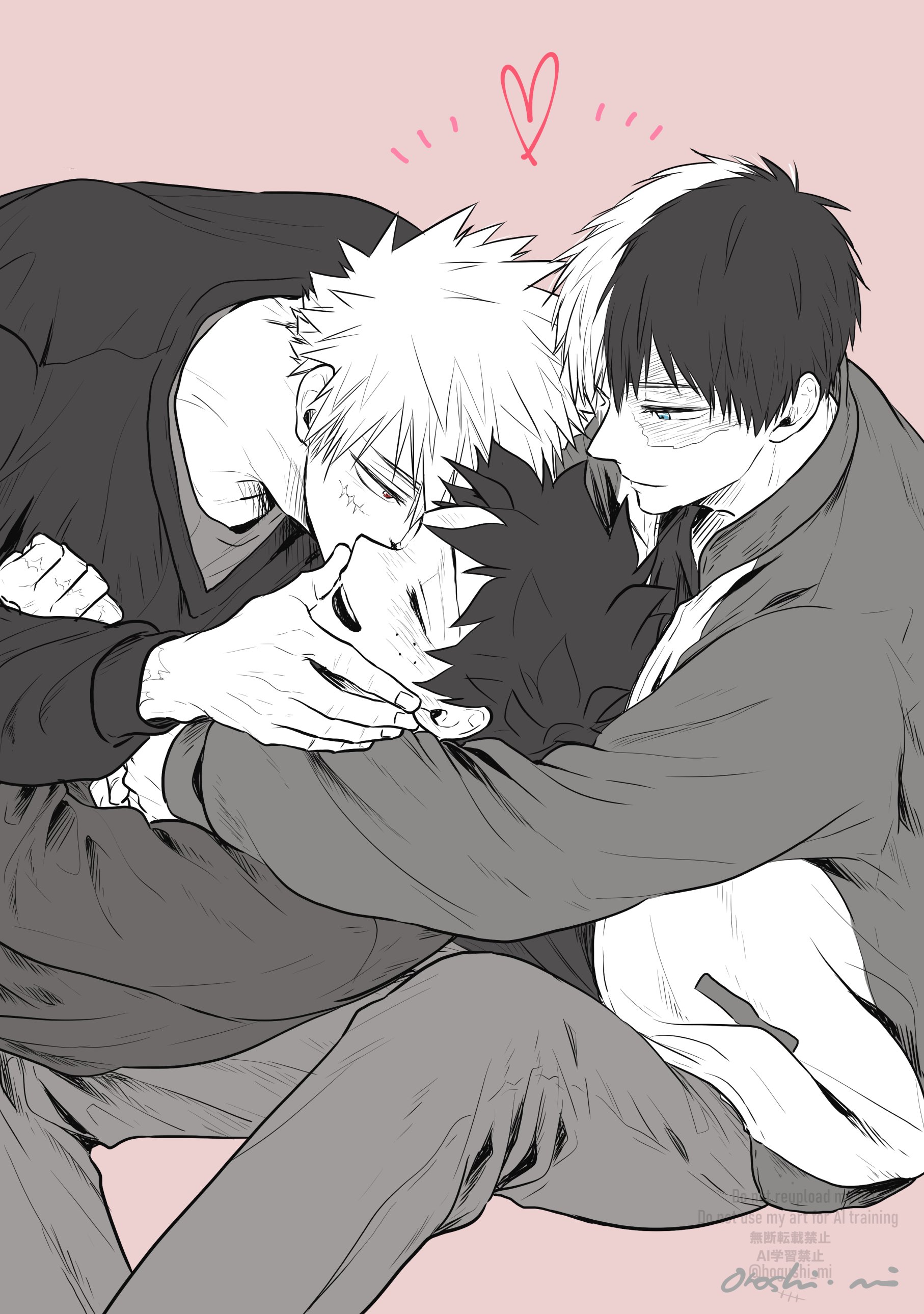 oroshi mi, bakugou katsuki, midoriya izuku, todoroki shoto, boku no hero academia, absurdres, commentary request, highres, 3boys, blue eyes, burn scar, closed eyes, closed mouth, freckles, greyscale with colored background, happy, heart, male focus, multicolored hair, multiple boys, open mouth, pants, pink background, red pupils, scar, scar on face, shirt, short hair, signature, simple background, smile, spiked hair, split-color hair, spot color, teeth, watermark, yaoi