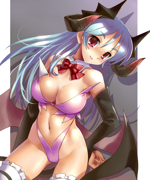 katahira masashi, original, 1girl, bat wings, blue hair, bow, bowtie, breasts, cleavage, cowboy shot, demon girl, elbow gloves, female focus, gloves, head wings, highleg, horns, large breasts, long hair, midriff, navel, red eyes, solo, tail, thighhighs, wings