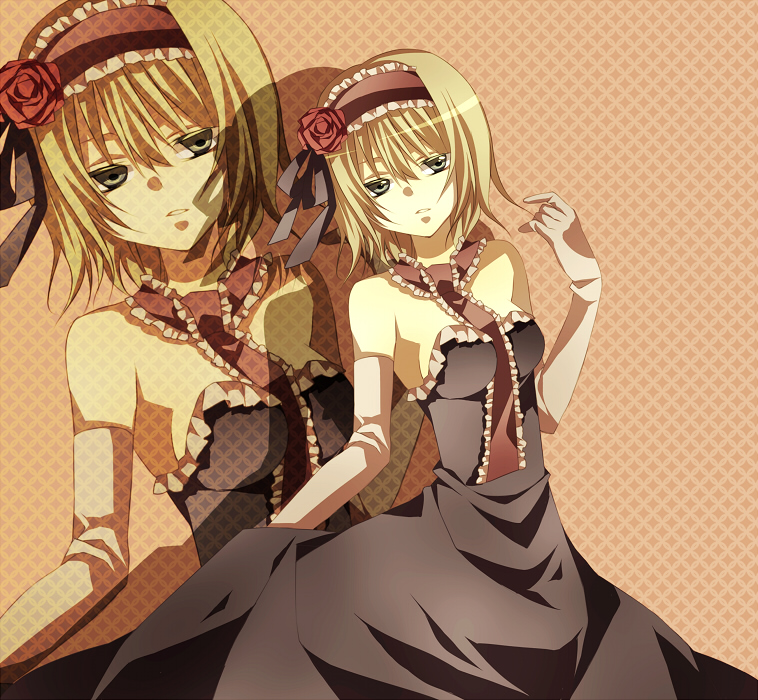 tsukioka tsukiho, alice margatroid, touhou, bad id, bad pixiv id, 1girl, bare shoulders, blonde hair, blue eyes, breasts, dress, elbow gloves, female focus, flower, gloves, hairband, plant, ribbon, short hair, solo, zoom layer