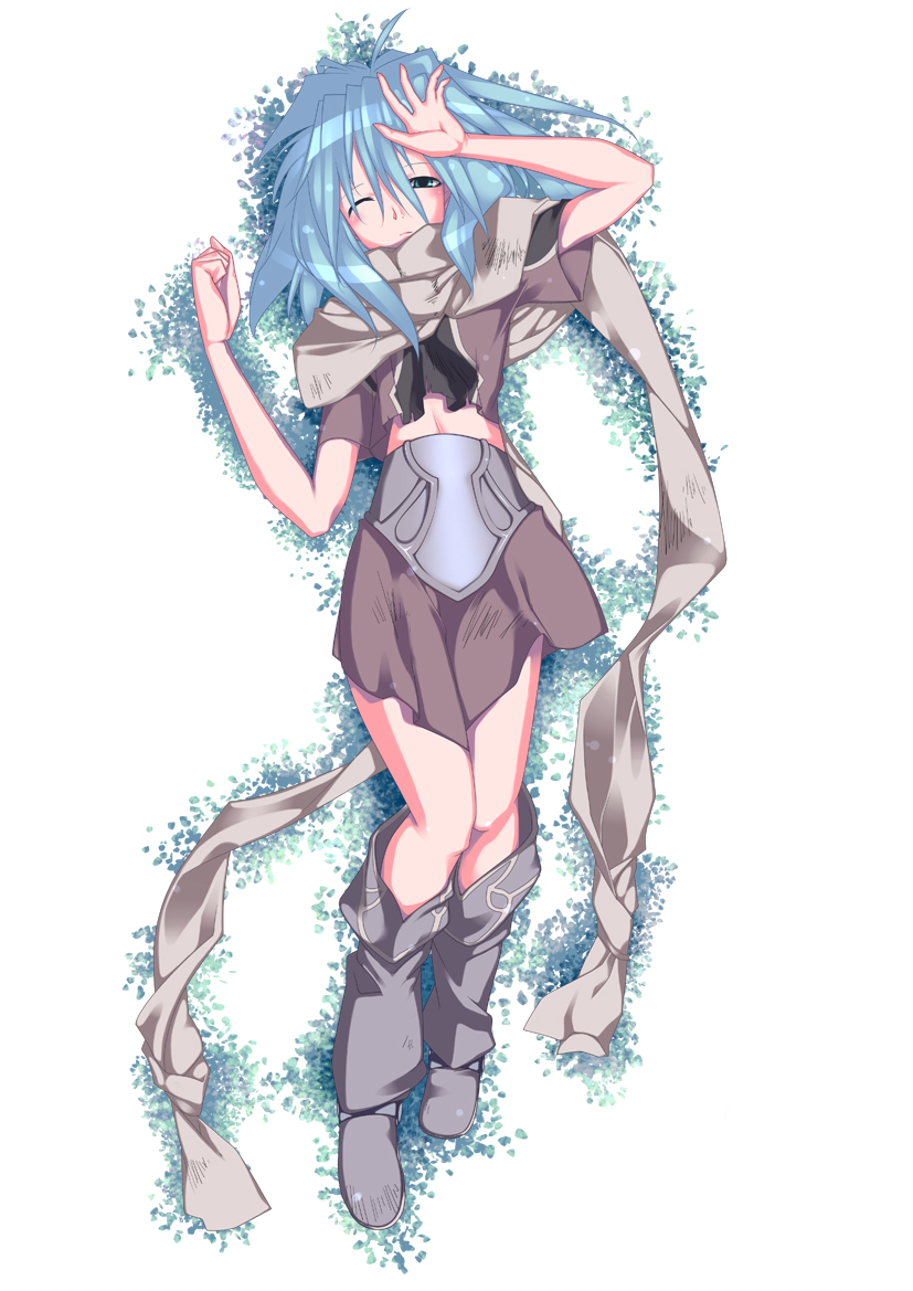emerada (xenogears), xenogears, dark-skinned female, dark skin, green eyes, green hair, long hair, lying, midriff, scarf, skirt, solo, thighhighs