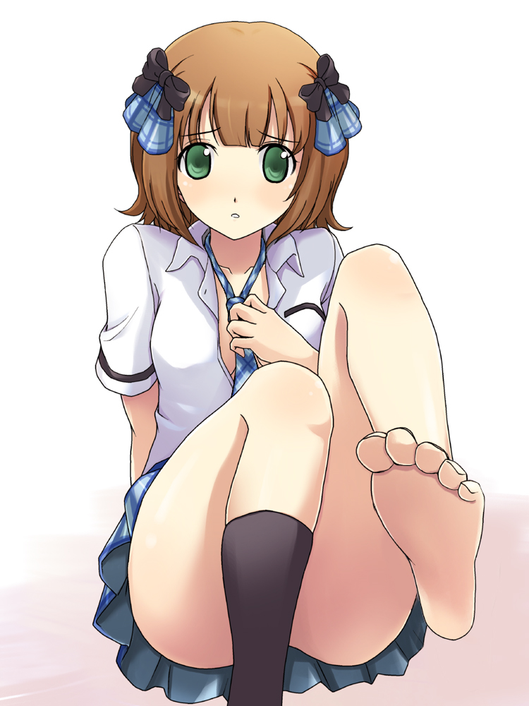 onion (lemlaml), amami haruka, idolmaster, idolmaster (classic), idolmaster 1, bad id, bad pixiv id, 00s, 1girl, barefoot, blush, brown hair, feet, female focus, green eyes, necktie, open clothes, open shirt, ribbon, rough time school, school uniform, shirt, short hair, single sock, sitting, skirt, socks, soles, solo, toes