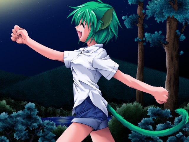 kazakami shun, noiche, active soft (company), star graduation, ^ ^, animal ears, cat ears, cat tail, closed eyes, fang, green hair, happy, night, short hair, shorts, tail, tree
