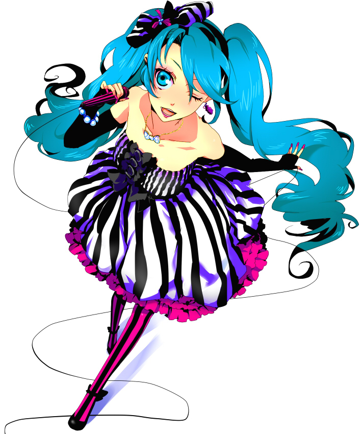 numeri, hatsune miku, romeo to cinderella (vocaloid), vocaloid, striped, bad id, bad pixiv id, 1girl, aqua eyes, aqua hair, bow, dress, elbow gloves, female focus, frills, gloves, hair bow, jewelry, long hair, makeup, microphone, necklace, one eye closed, pantyhose, pink pantyhose, ribbon, solo, thighhighs, twintails, very long hair, wink
