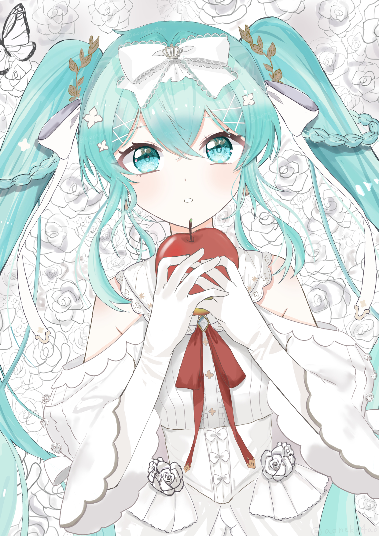 aoneko4ao (edwf7745), hatsune miku, shiroi yuki no princess wa (vocaloid), vocaloid, commentary, highres, 1girl, apple, aqua eyes, aqua hair, bow, bug, butterfly, dress, flower, food, fruit, gloves, hair between eyes, hair bow, hair ornament, holding, holding food, holding fruit, insect, long hair, looking at viewer, lying, on back, parted lips, red ribbon, ribbon, rose, solo, twintails, very long hair, white bow, white butterfly, white dress, white flower, white gloves, white rose
