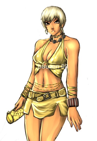 elena (street fighter), sheva alomar, capcom, resident evil, resident evil 5, street fighter, alternate costume, cosplay, crossover, dark-skinned female, dark skin, midriff, short hair, solo