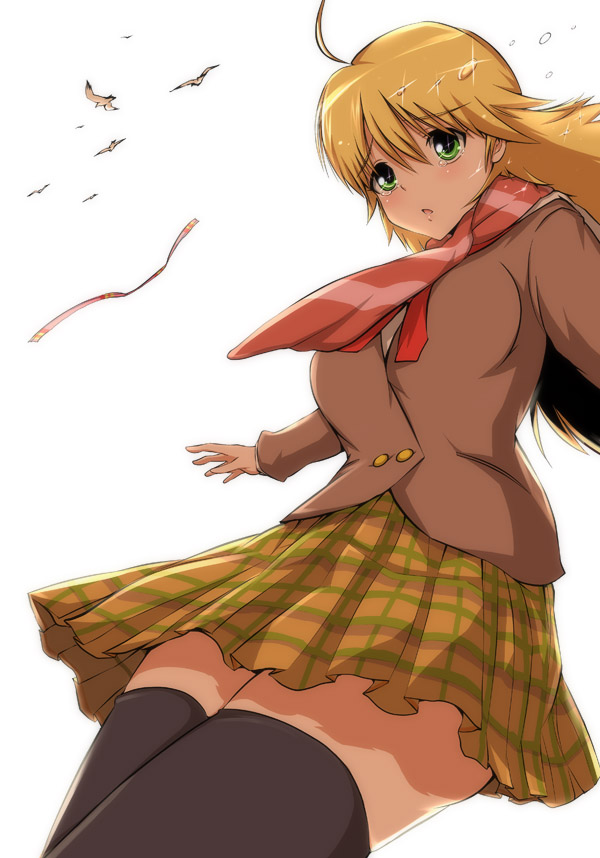maruwa tarou, hoshii miki, idolmaster, idolmaster (classic), idolmaster 1, 00s, 1girl, ahoge, blonde hair, female focus, green eyes, long hair, plaid clothes, plaid skirt, scarf, school uniform, skirt, solo, tears, thighhighs