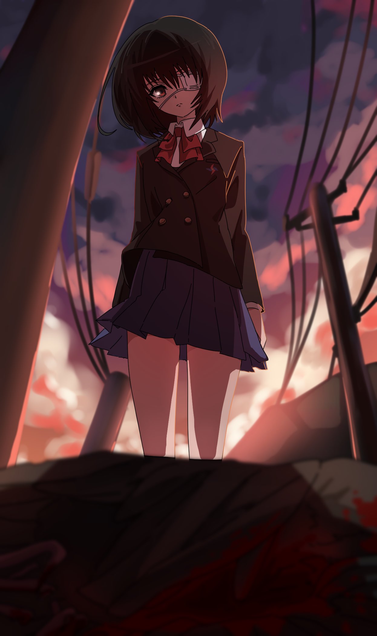 noko robunbun, misaki mei, another, commentary request, highres, 1girl, black hair, black jacket, blood, blue skirt, buttons, closed mouth, cloud, collared shirt, corpse, expressionless, eyepatch, head tilt, jacket, long sleeves, looking at viewer, medical eyepatch, neck ribbon, outdoors, pleated skirt, red eyes, red ribbon, ribbon, school uniform, shirt, short hair, skirt, solo, white shirt, yomiyama north junior high school uniform