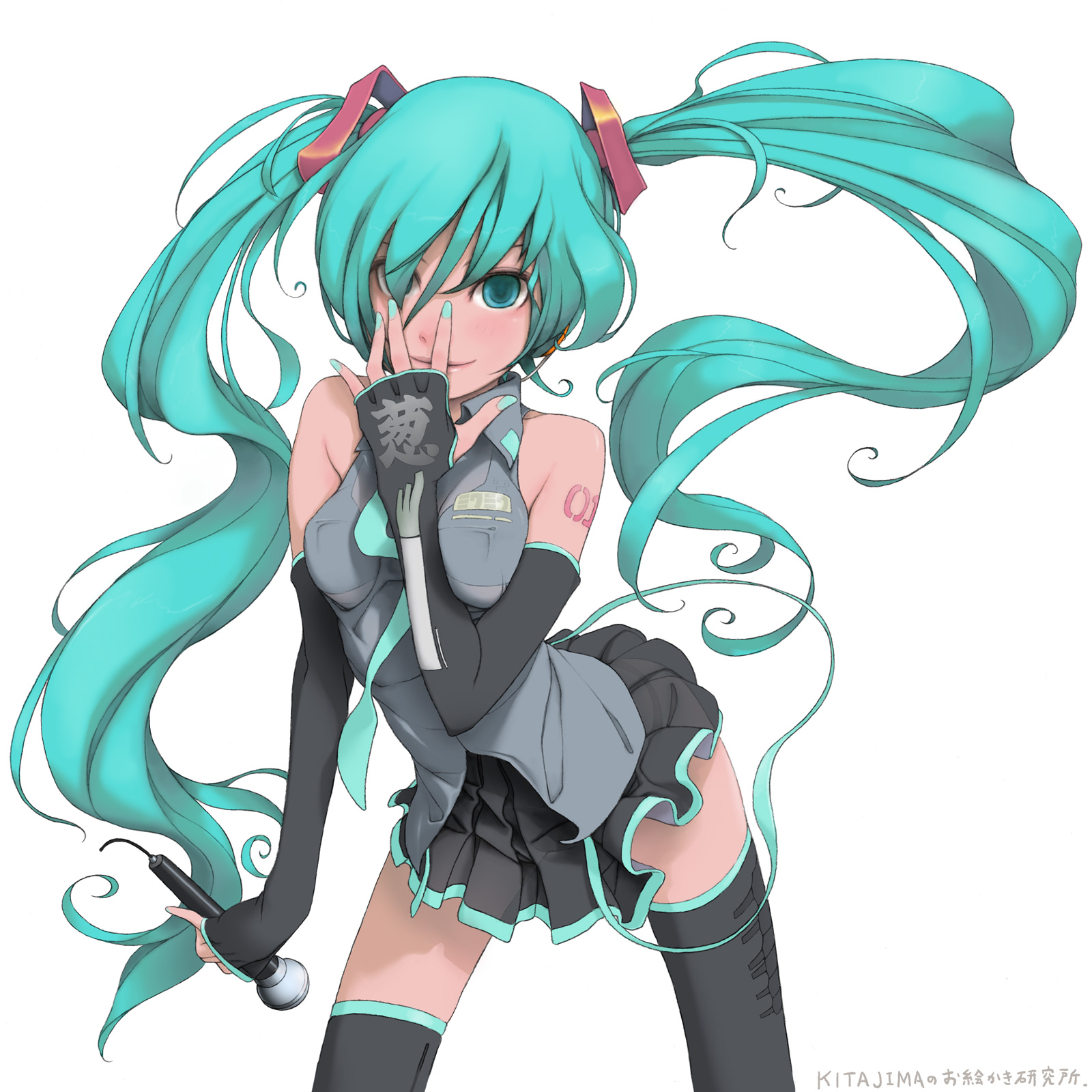 kitajima, hatsune miku, vocaloid, highres, 1girl, aqua eyes, aqua hair, aqua nails, detached sleeves, female focus, long hair, microphone, nail polish, necktie, skirt, solo, thighhighs, twintails, very long hair, zettai ryouiki