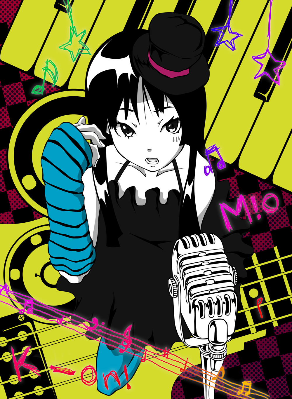 inukoko, akiyama mio, don't say "lazy", k-on!, striped, bad id, bad pixiv id, highres, 00s, 1girl, black hair, blue pantyhose, blunt bangs, facepaint, female focus, gothic lolita, hat, hime cut, lolita fashion, mini hat, mini top hat, open mouth, pantyhose, solo, top hat