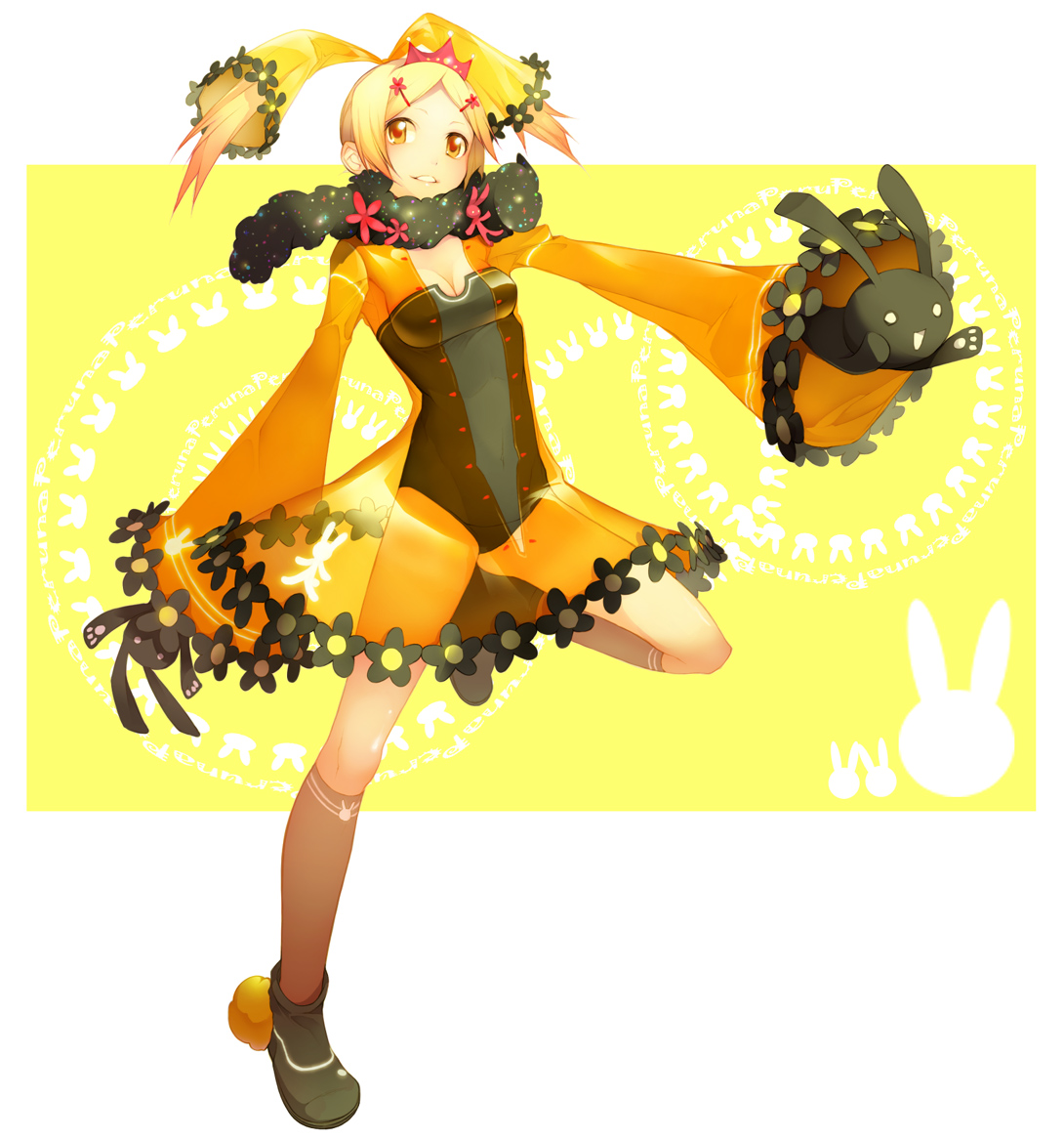tsujisaki (coa3), tujisaki, ernula, senkou no ronde, bad id, bad pixiv id, 1girl, blonde hair, crown, female focus, rabbit, see-through clothes, solo, twintails, yellow eyes