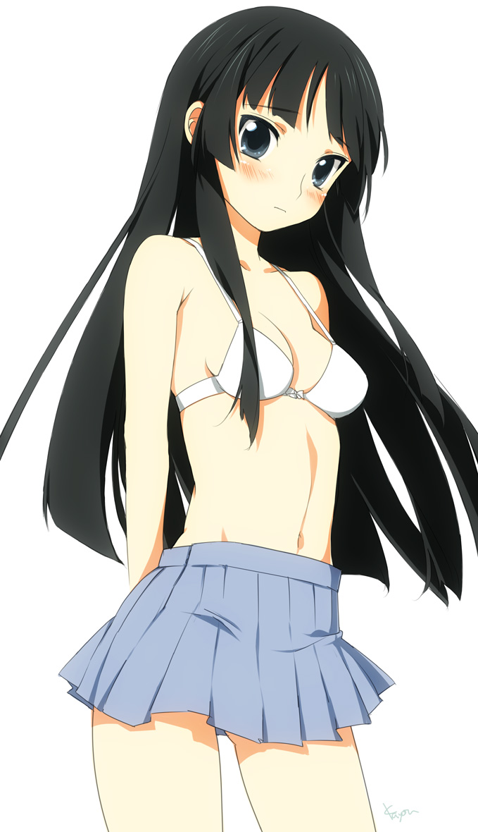 kayou (kayou-bi), akiyama mio, k-on!, bad id, bad pixiv id, 00s, 1girl, black eyes, black hair, blunt bangs, blush, bra, female focus, hime cut, lingerie, skirt, solo, underwear, white bra