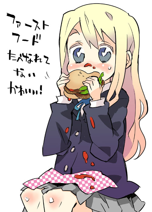 kuma jet, kotobuki tsumugi, k-on!, messy, bad id, bad pixiv id, translated, 00s, 1girl, blazer, blonde hair, blue eyes, burger, eating, female focus, food, jacket, ketchup, long hair, school uniform, simple background, sitting, skirt, solo
