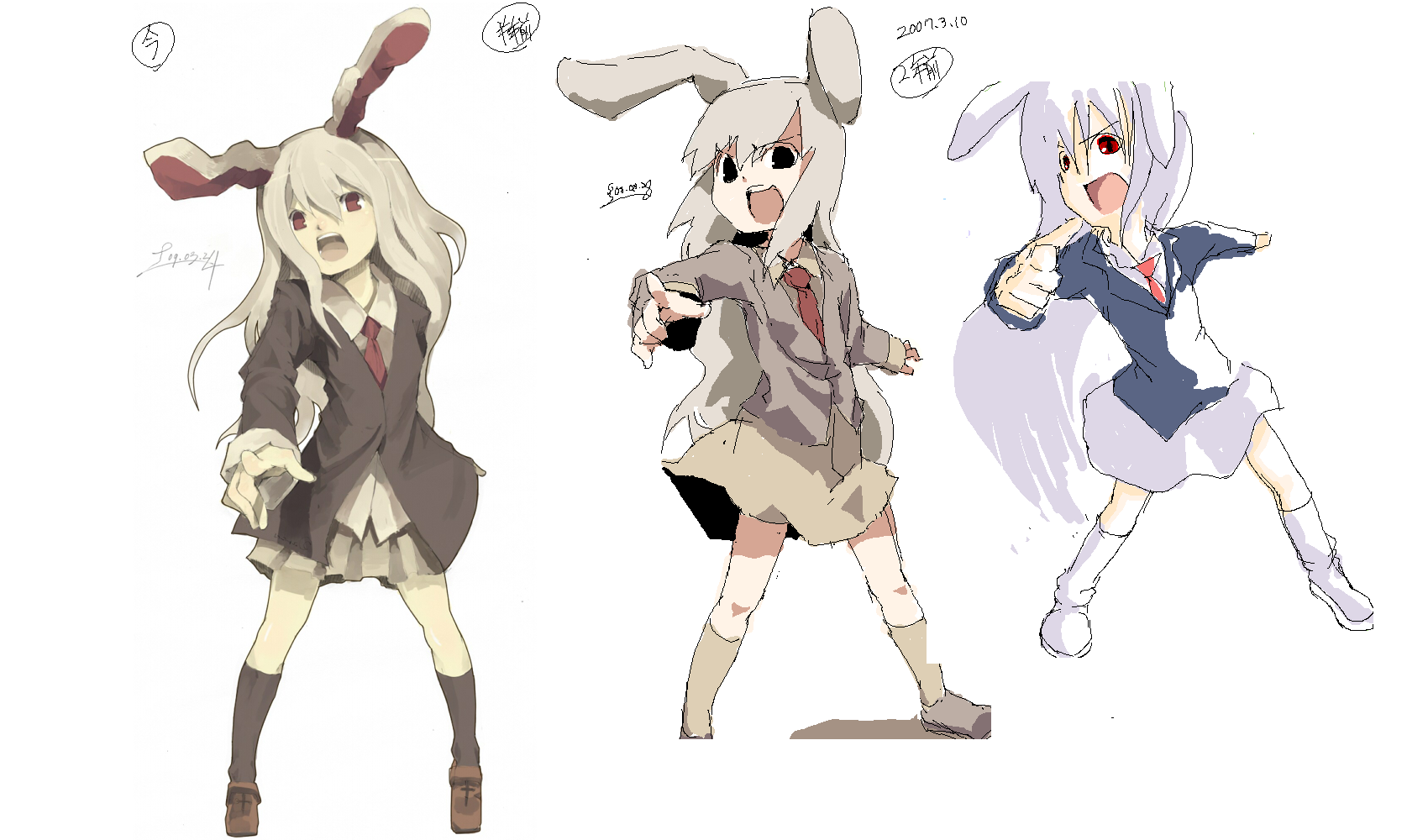 fuukadia (narcolepsy), govurin (pixiv), reisen udongein inaba, touhou, silver hair, bad id, bad pixiv id, highres, 1girl, animal ears, blazer, comparison, female focus, jacket, kneehighs, long hair, necktie, rabbit ears, red eyes, reference sheet, skirt, socks, solo, white background