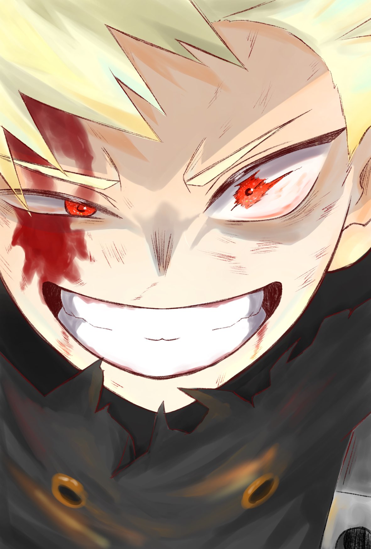 bakugou katsuki, boku no hero academia, commentary request, highres, 1boy, anime hina ak, black shirt, blonde hair, blood, blood on face, dirty, dirty face, grin, injury, looking at viewer, male focus, portrait, shirt, short hair, smile, solo, spiked hair, superhero costume, teeth, torn clothes, torn shirt, uneven eyes, wide-eyed