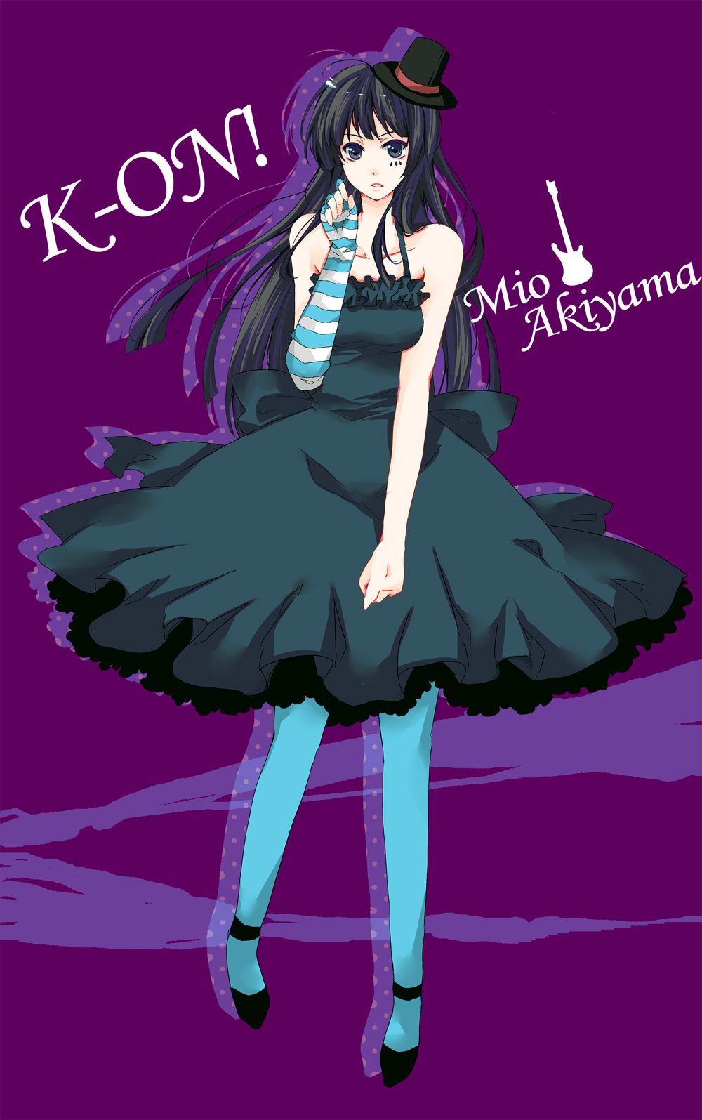 okeya, akiyama mio, don't say "lazy", k-on!, striped, bad id, bad pixiv id, highres, 00s, 1girl, black hair, blue pantyhose, blunt bangs, facepaint, female focus, gothic lolita, hat, hime cut, lolita fashion, long hair, mini hat, mini top hat, pantyhose, solo, top hat