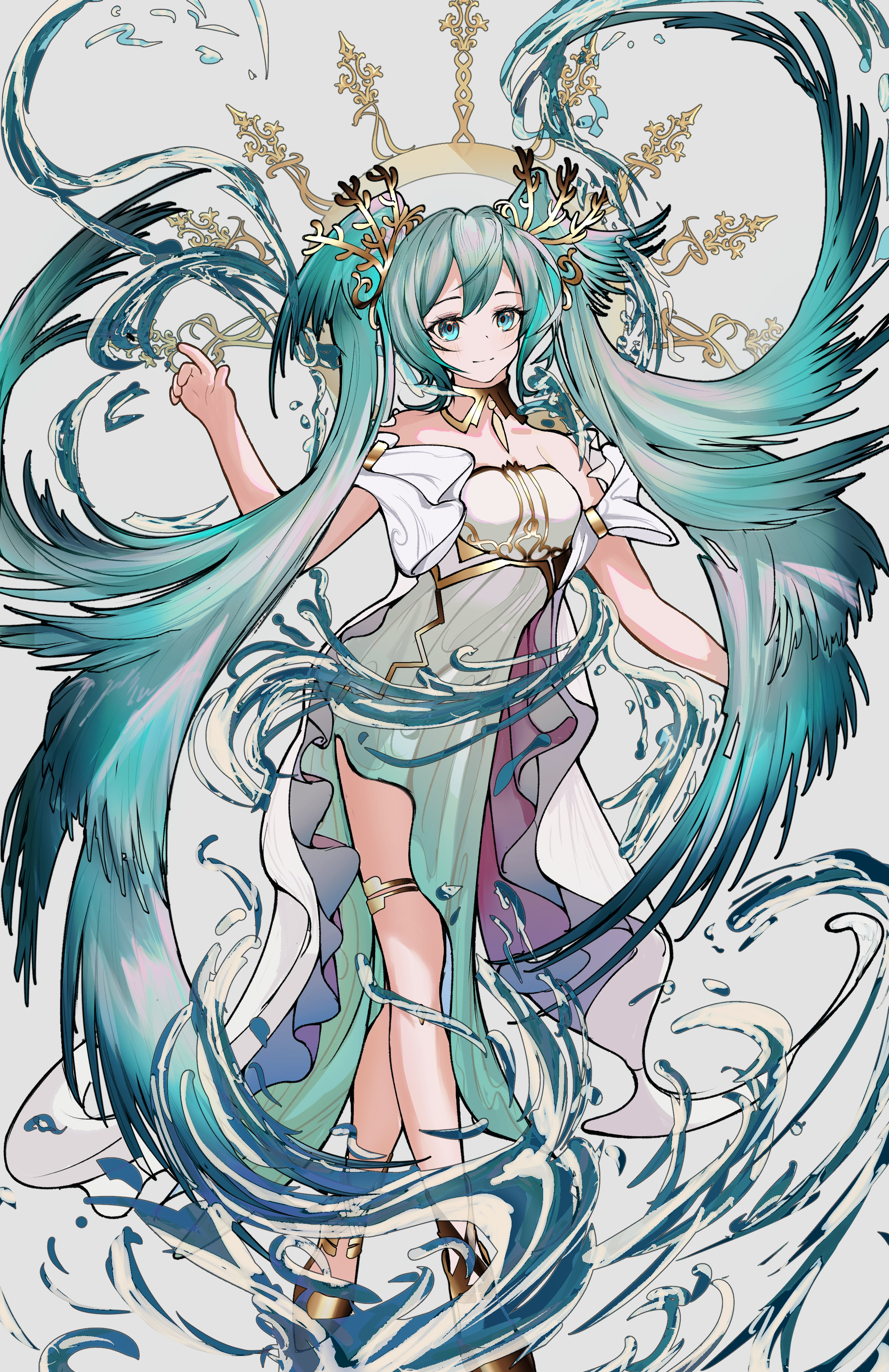 isekai douyou (chant), hatsune miku, vocaloid, absurdres, commentary, english commentary, highres, 1girl, aqua eyes, aqua hair, bare shoulders, breasts, closed mouth, collarbone, dress, gold thighlet, hair between eyes, hair ornament, jewelry, light blush, long hair, looking at viewer, medium breasts, smile, solo, thighlet, twintails, very long hair, white dress