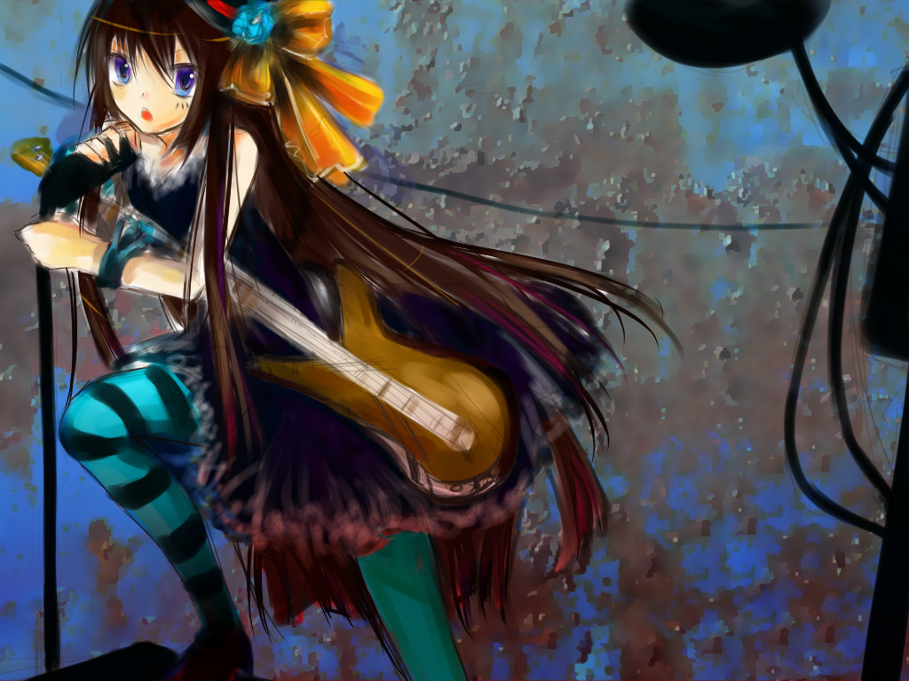 erzihua guimao, yumioni, akiyama mio, don't say "lazy", k-on!, striped, 00s, 1girl, bass guitar, black hair, blue eyes, blue pantyhose, blunt bangs, facepaint, female focus, gothic lolita, hairband, hime cut, instrument, lolita fashion, pantyhose, solo