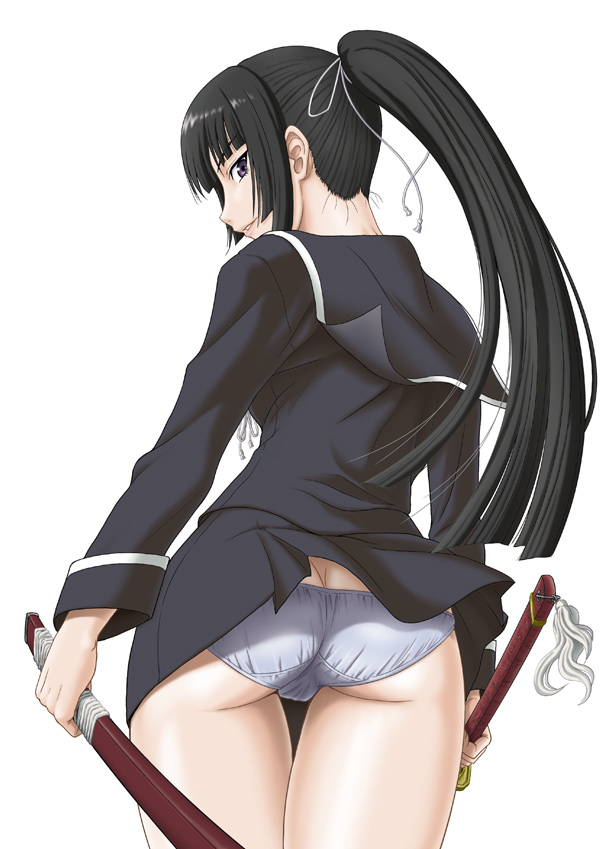 misnon the great, isayama yomi, ga-rei, ga-rei zero, 00s, 1girl, ass, back, black hair, blue panties, butt crack, cameltoe, female focus, long hair, looking back, panties, pantyshot, ponytail, purple eyes, pussy, school uniform, serafuku, sheath, smile, solo, standing, sword, thigh gap, thighs, trefoil, underwear, weapon, wind, wind lift