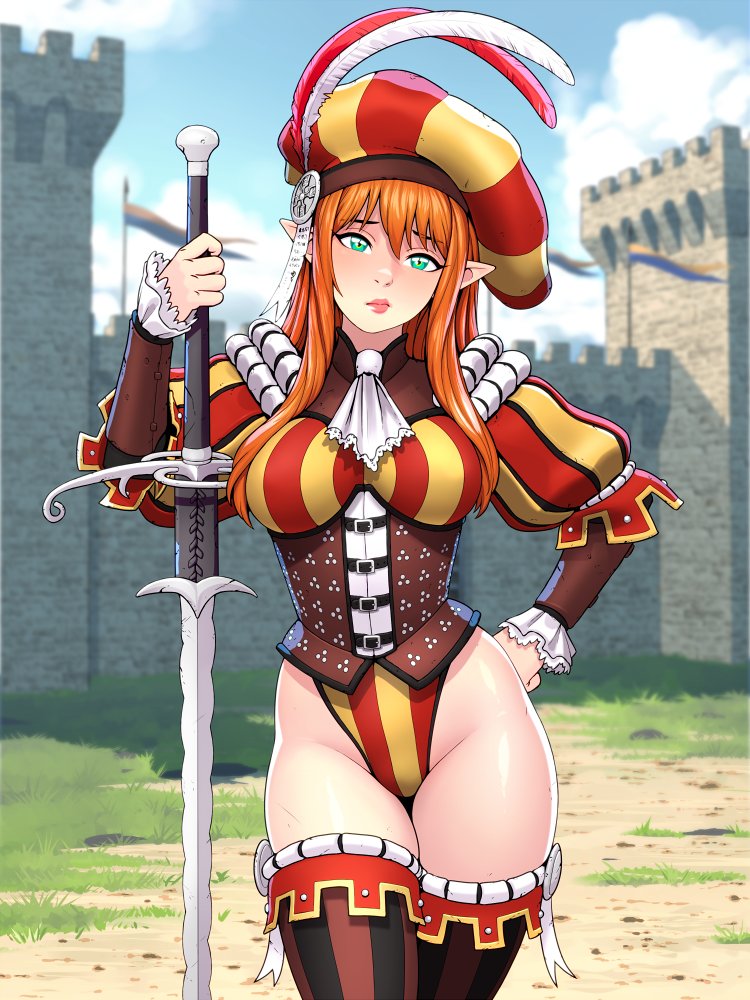 ronindude, original, 1girl, breasts, castle, closed mouth, cowboy shot, day, elf, grass, green eyes, groin, hat feather, holding, holding sword, holding weapon, landsknecht, large breasts, leotard, long hair, orange hair, outdoors, pointy ears, shiny skin, solo, striped clothes, striped hat, striped leotard, striped thighhighs, sword, thighhighs, weapon