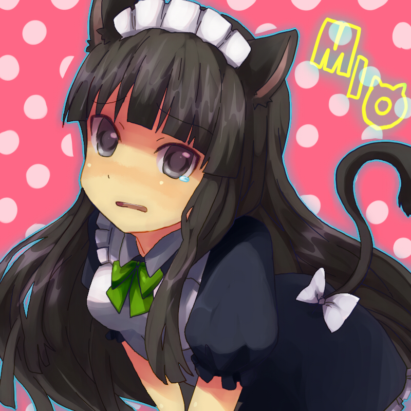 gum (vivid garden), akiyama mio, k-on!, bad id, bad pixiv id, 00s, 1girl, alternate costume, animal ears, black hair, blunt bangs, bow, bowtie, cat ears, cat girl, cat tail, enmaided, female focus, grey eyes, hime cut, kemonomimi mode, leaning forward, long hair, maid, polka dot, solo, tail, tears, v arms