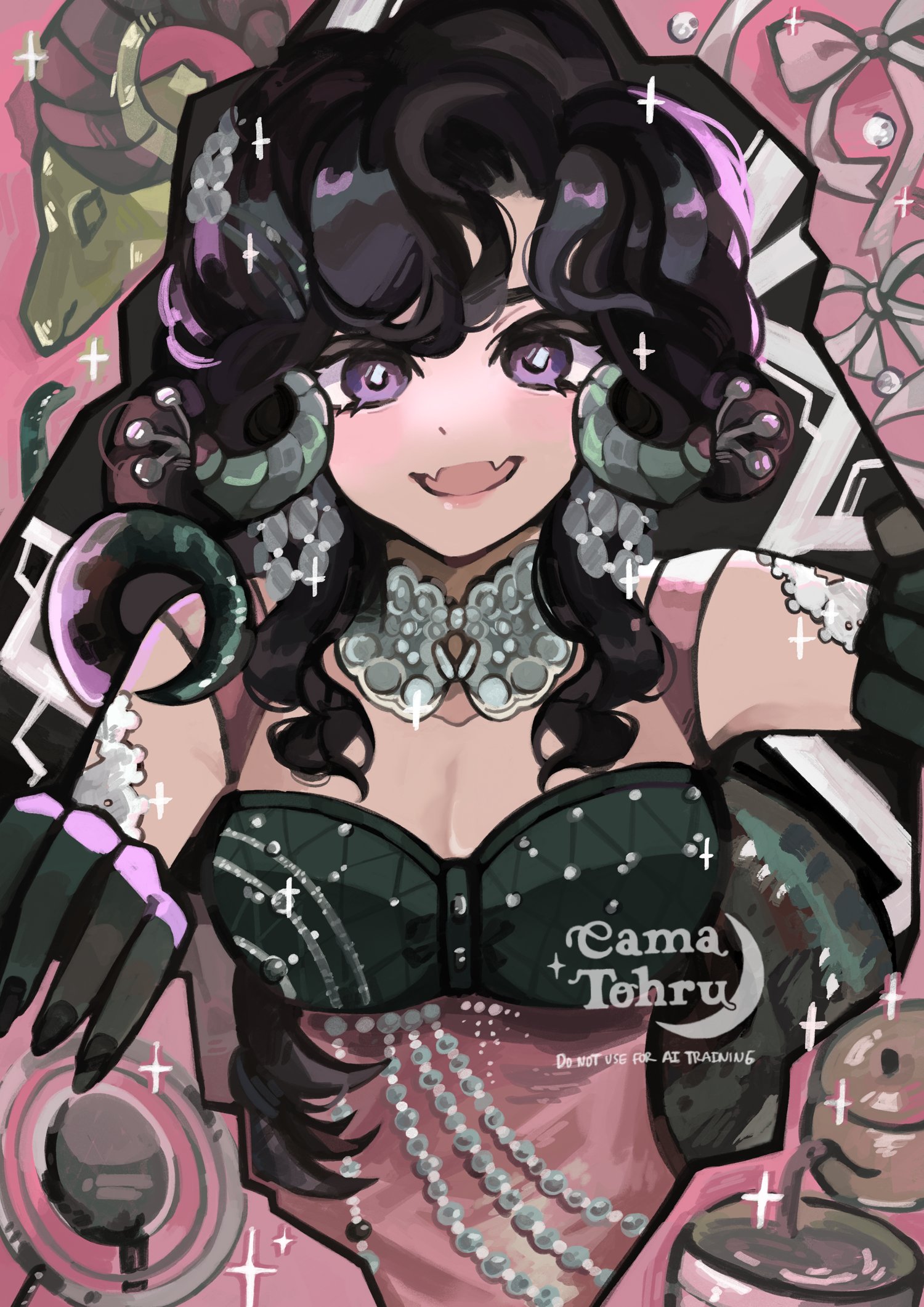 anjo nala, reverse:1999, highres, 1girl, :d, artist logo, black hair, breasts, cama (camatohru), choker, cleavage, dress, elbow gloves, fangs, gloves, grey choker, grey gloves, hands up, logo, open mouth, pink background, pink dress, purple eyes, skin fangs, sleeveless, sleeveless dress, smile, solo, sparkle, upper body