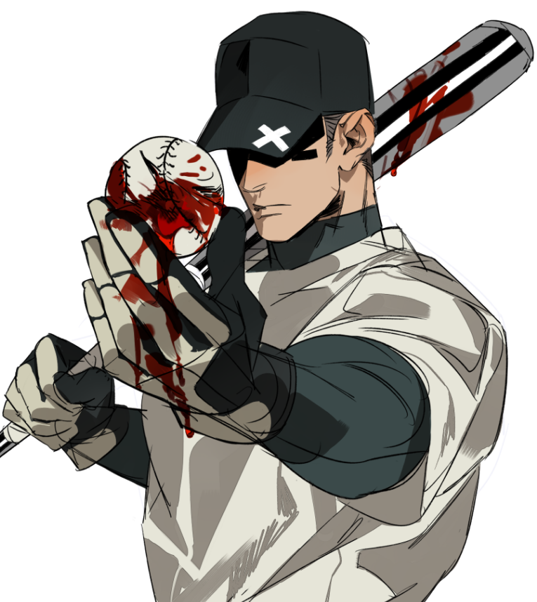 genichiro cute, the batter (off), off (game), 1boy, arm up, ball, baseball, baseball bat, baseball cap, baseball uniform, black hair, black hat, black shirt, closed mouth, gloves, hat, holding, holding ball, holding baseball bat, layered clothes, layered sleeves, long sleeves, male focus, medium sideburns, shirt, short hair, short over long sleeves, short sleeves, simple background, solo, sportswear, upper body, white background, white shirt