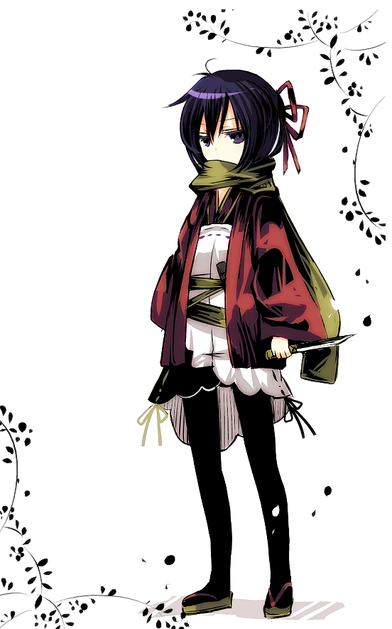aruya (flosrota), pixiv fantasia, pixiv fantasia 3, bad id, bad pixiv id, black hair, japanese clothes, knife, pantyhose, purple eyes, scarf, solo