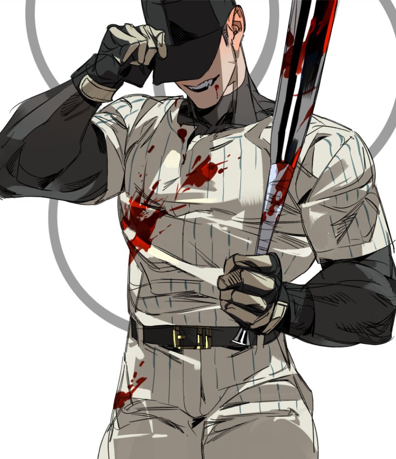 genichiro cute, the batter (off), off (game), 1boy, add-on (off), adjusting clothes, adjusting headwear, arm up, baseball bat, baseball cap, baseball uniform, belt, belt buckle, black belt, black hair, black hat, black shirt, blood, blood on clothes, blood on face, blood splatter, bloody weapon, buckle, covered eyes, cowboy shot, gloves, grin, hat, holding, holding baseball bat, holding weapon, layered sleeves, long sleeves, male focus, medium sideburns, pants, pinstripe pants, pinstripe pattern, pinstripe shirt, shirt, shirt tucked in, short over long sleeves, short sleeves, smile, solo, sportswear, teeth, weapon, white background, white pants