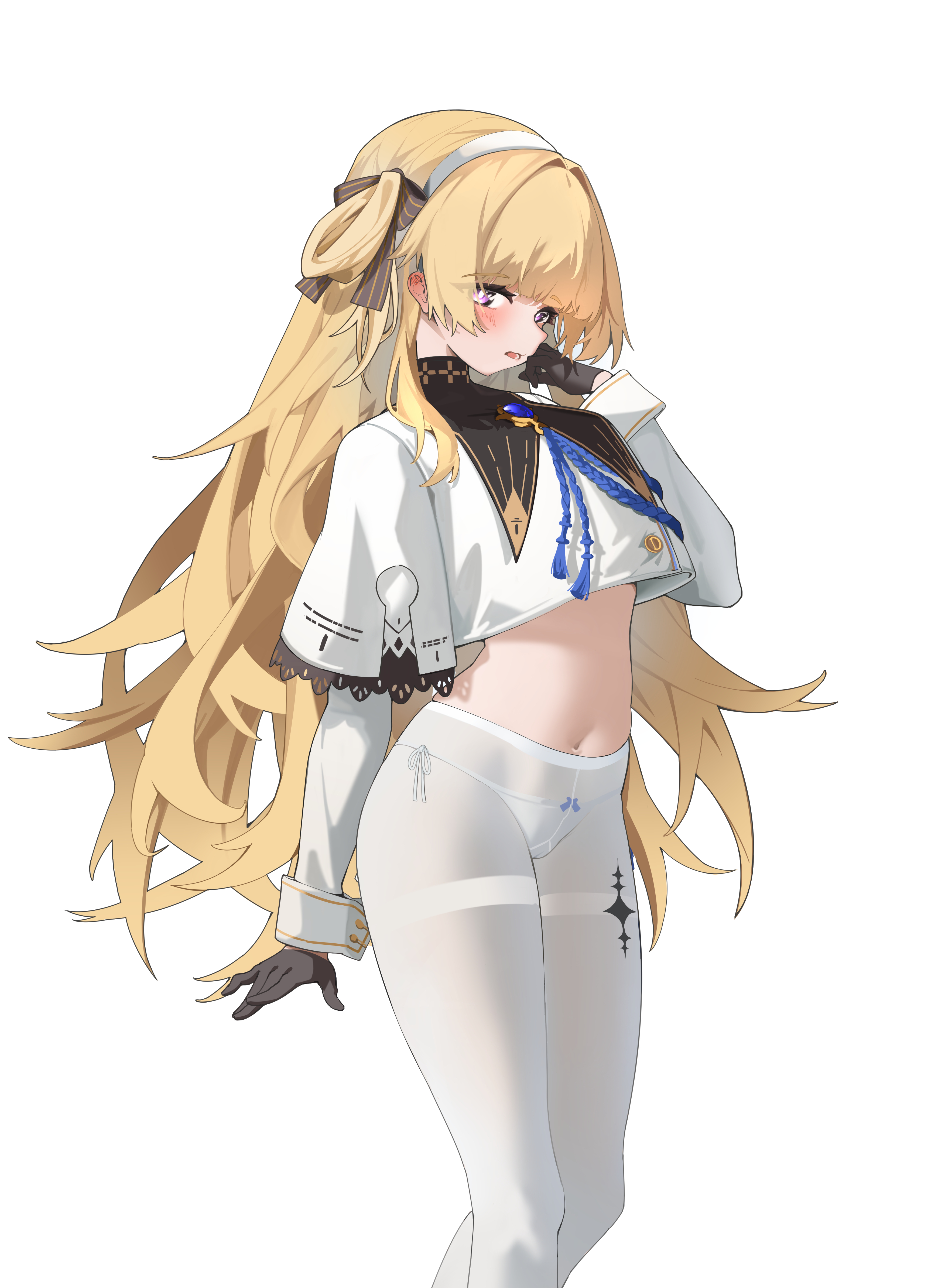 hornesix, phoebe (wuthering waves), wuthering waves, absurdres, chinese commentary, commentary request, highres, 1girl, black collar, black gloves, blonde hair, blush, collar, crop top, gloves, hairband, hand up, long hair, long sleeves, looking at viewer, navel, no pants, open mouth, panties, panties under pantyhose, pantyhose, purple eyes, shirt, simple background, solo, stomach, tacet mark (wuthering waves), thighband pantyhose, underwear, very long hair, white background, white hairband, white panties, white pantyhose, white shirt