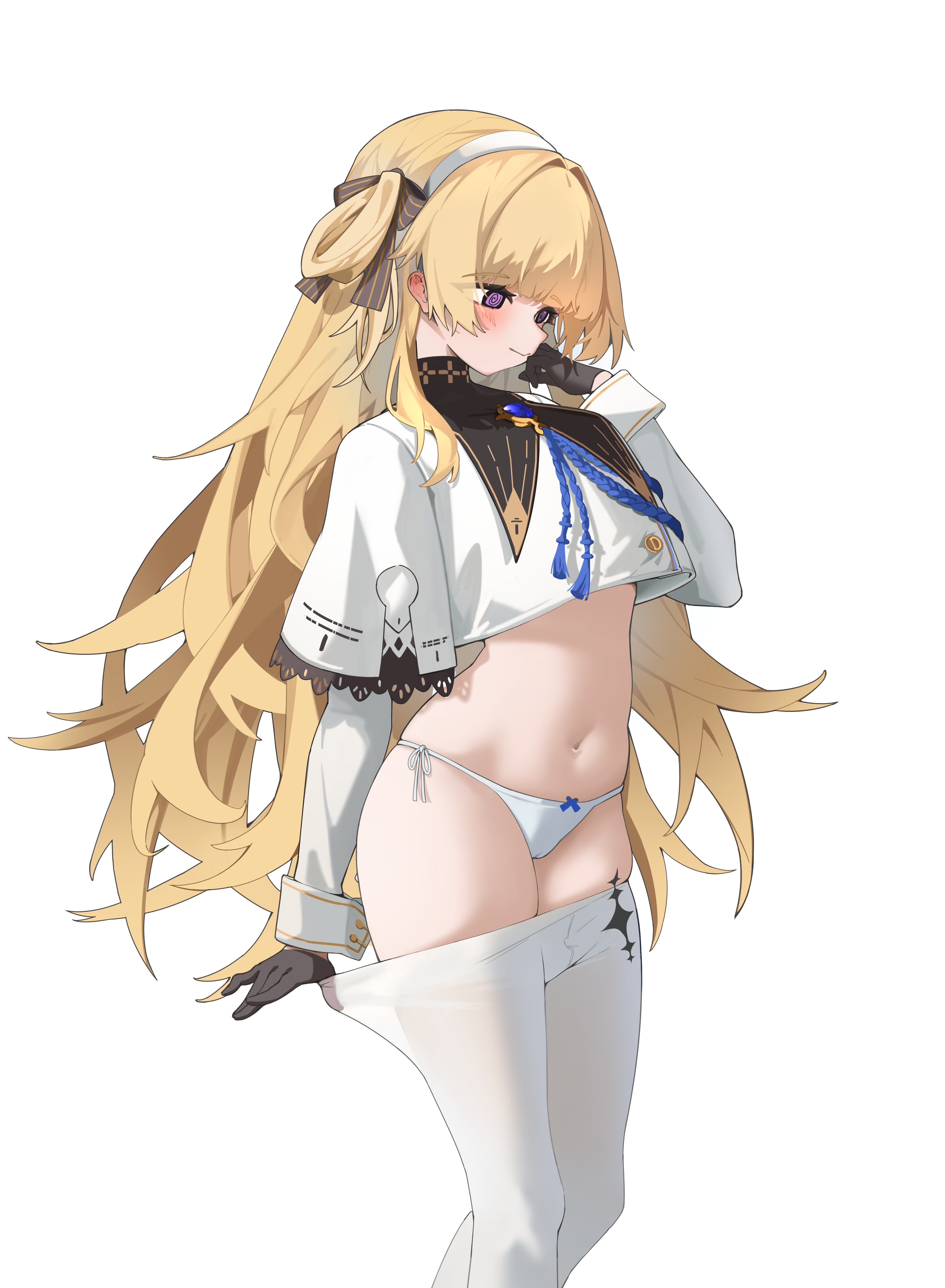 hornesix, phoebe (wuthering waves), wuthering waves, absurdres, chinese commentary, commentary request, highres, 1girl, @ @, black collar, black gloves, blonde hair, blush, closed mouth, clothes pull, collar, crop top, gloves, hairband, hand up, long hair, long sleeves, looking down, navel, no pants, panties, pantyhose, pantyhose pull, purple eyes, shirt, simple background, solo, stomach, tacet mark (wuthering waves), thighband pantyhose, underwear, very long hair, white background, white hairband, white panties, white pantyhose, white shirt