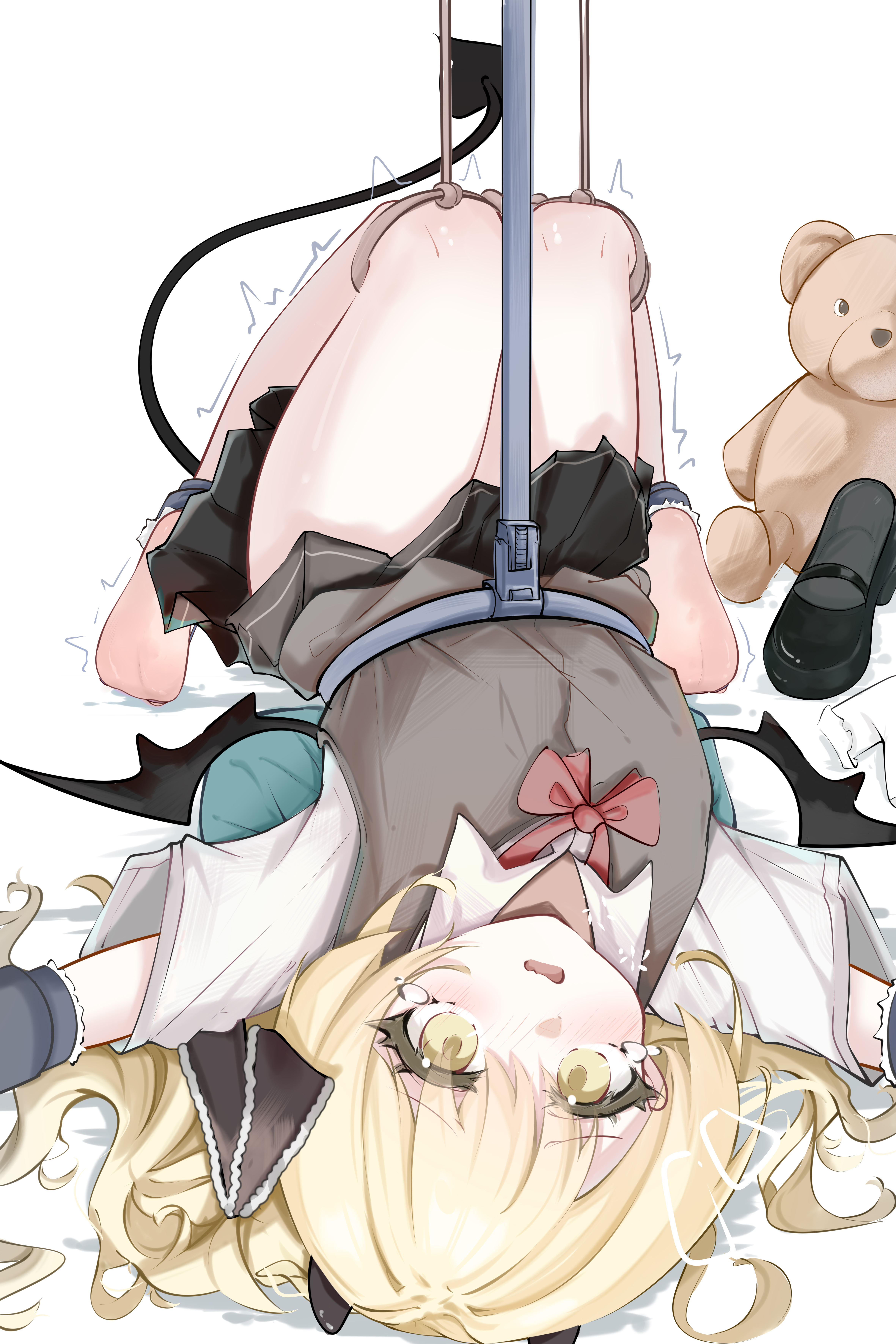 ibuki (blue archive), blue archive, absurdres, highres, 1girl, banbanban li, barefoot, black ribbon, black skirt, black tail, black wings, blonde hair, blush, bound, collared shirt, demon tail, demon wings, lying, on back, open mouth, pleated skirt, restrained, ribbon, school uniform, shirt, shoes, short sleeves, skirt, solo, stuffed animal, stuffed toy, tail, tears, teddy bear, unworn shoes, upside-down, white background, white shirt, wings, yellow eyes