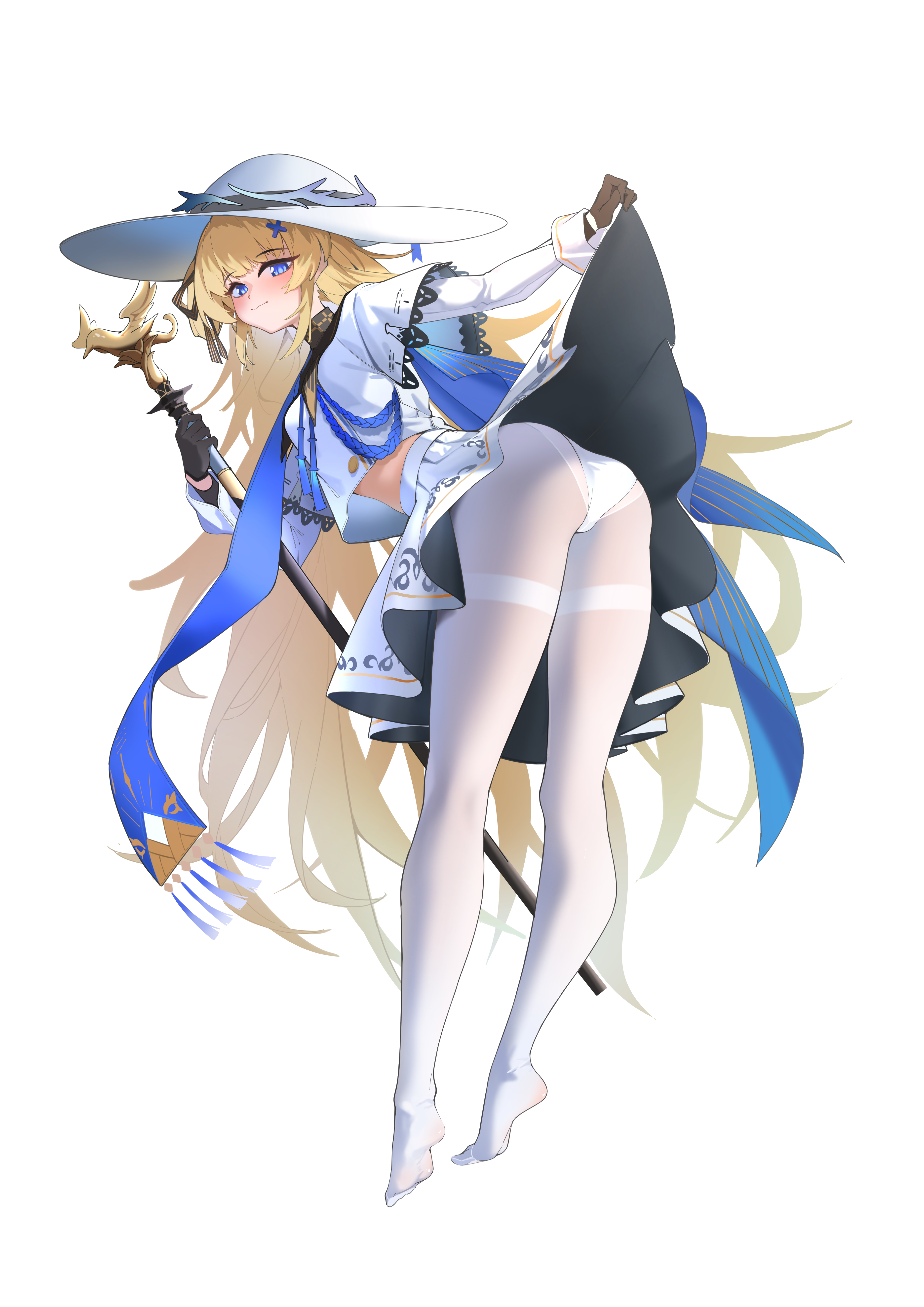 hornesix, phoebe (wuthering waves), wuthering waves, absurdres, chinese commentary, commentary request, highres, partial commentary, 1girl, ass, bent over, black gloves, blonde hair, blue eyes, blue sash, blush, breasts, closed mouth, clothes lift, crop top, from behind, full body, gloves, hat, high-waist skirt, holding, holding staff, long hair, long sleeves, looking at viewer, looking back, medium breasts, no shoes, panties, panties over pantyhose, pantyhose, sash, shirt, simple background, skirt, skirt lift, solo, staff, standing, thighband pantyhose, tiptoes, underwear, very long hair, white background, white hat, white panties, white pantyhose, white shirt, white skirt