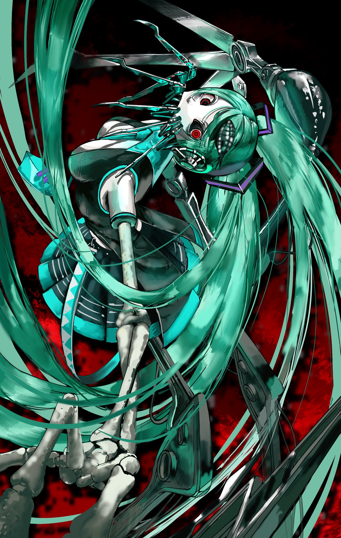 calne ca (deino), hatsune miku, nato-kun, ca (maeda koutarou), saikin osen – bacterial contamination – (vocaloid), vocaloid, highres, absurdly long hair, android, aqua hair, aqua necktie, aqua trim, arched back, black sclera, black shirt, black skirt, breasts, colored sclera, colored skin, cosplay, dg3fd, floating hair, from behind, hatsune miku (cosplay), head tilt, horror (theme), insect on head, isopod, long hair, looking at viewer, mandibles, mechanical arms, mechanical legs, medium breasts, mismatched sclera, necktie, pleated skirt, reaching, reaching towards viewer, red background, red eyes, shirt, skeletal arm, skirt, sleeveless, sleeveless shirt, twintails, very long hair, white skin