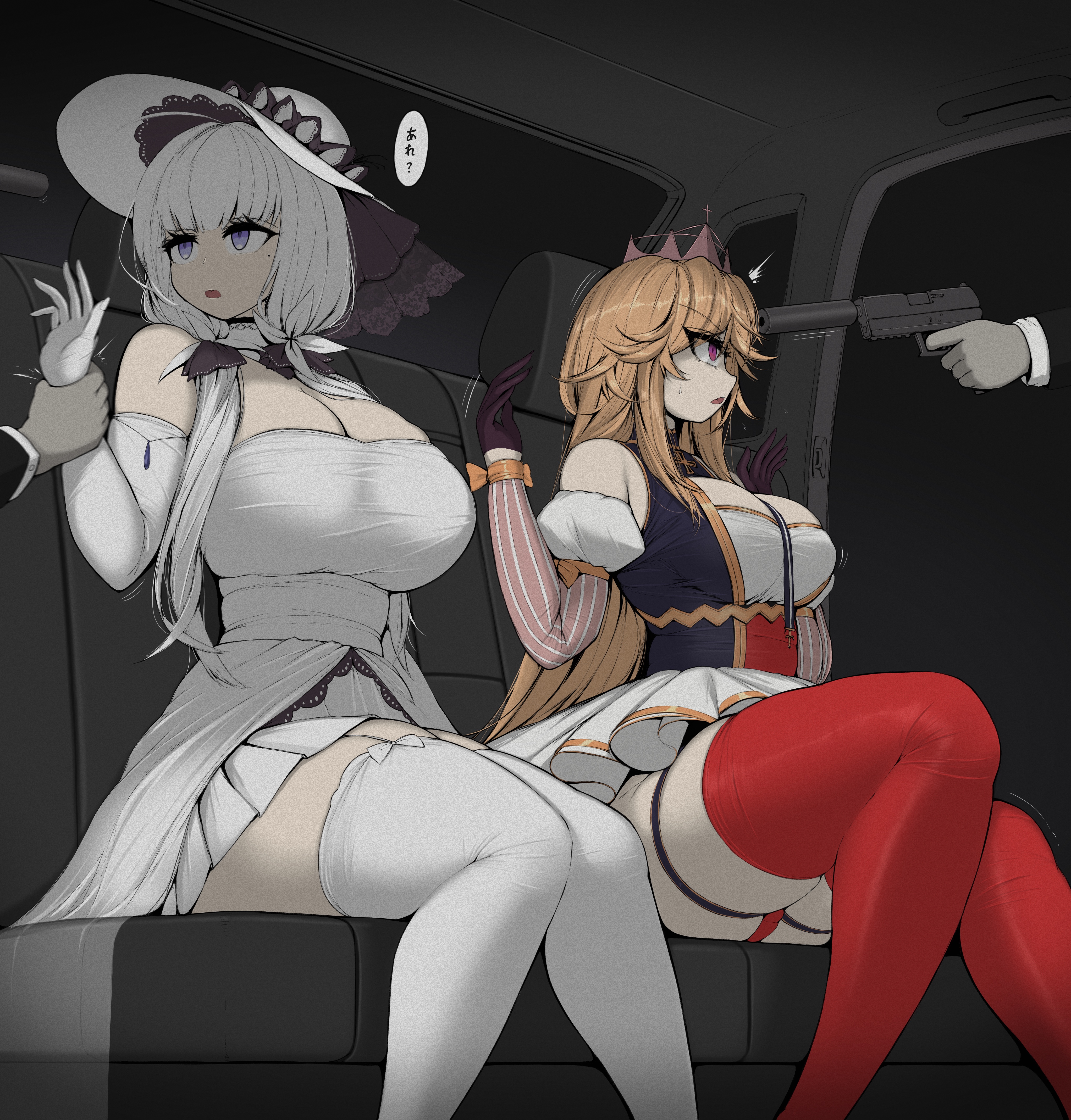 ameng (katena1990), illustrious (azur lane), richelieu (azur lane), azur lane, absurdres, highres, 2girls, blonde hair, breasts, car interior, cleavage, curvy, dress, elbow gloves, gloves, gun to head, hat, kidnapping, large breasts, long hair, low twintails, multiple girls, red thighhighs, skirt, thighhighs, twintails, white dress, white gloves, white hair, white hat, white skirt, white thighhighs