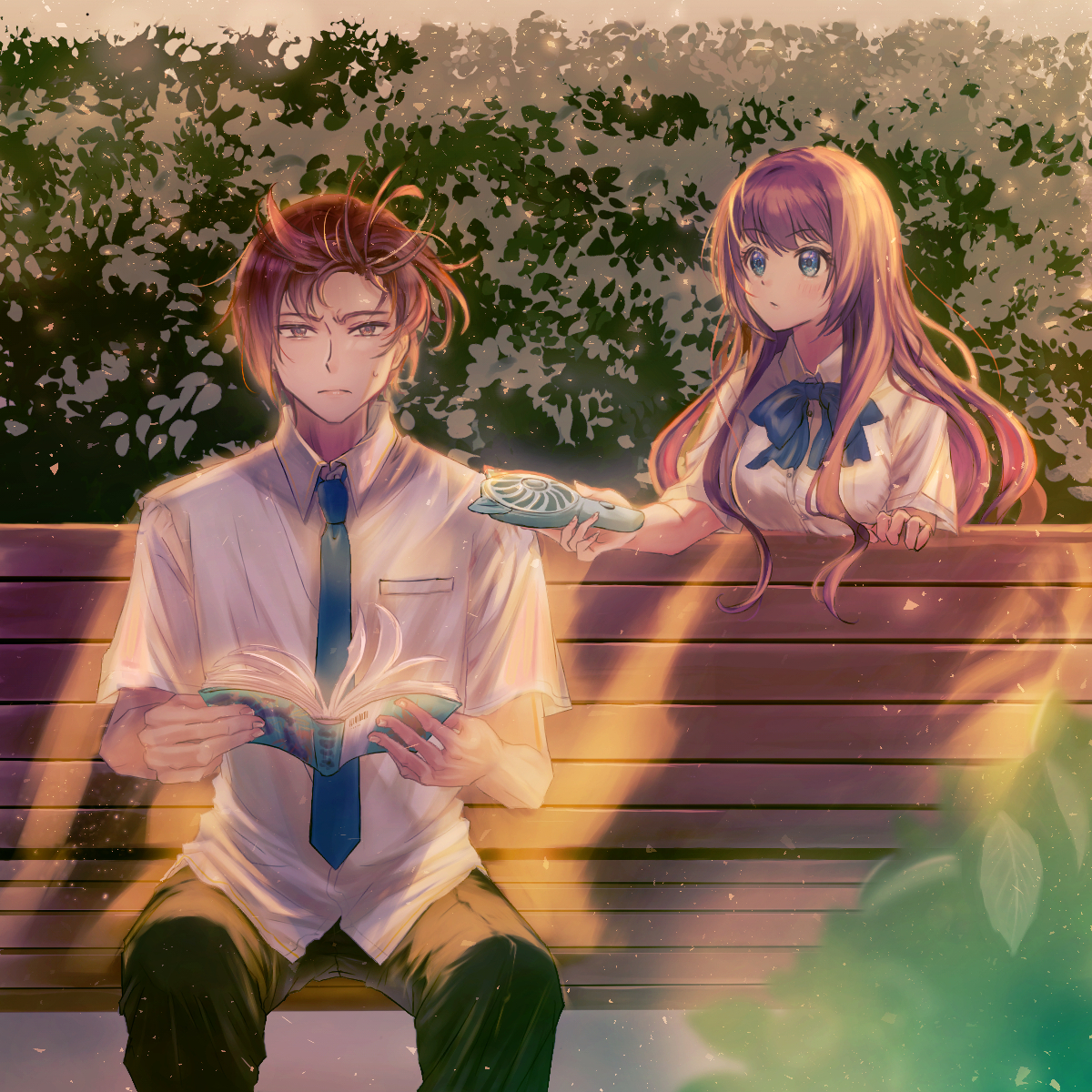 miiizuno lbs, a-chan (little busters!), natsume kyousuke, little busters!, commentary request, highres, >:(, 1boy, 1girl, animal ears, backlighting, bench, black pants, blue bow, blue bowtie, blue eyes, blue necktie, blush, book, bow, bowtie, breasts, brown eyes, cat ears, closed mouth, collared shirt, day, dress shirt, fake animal ears, feet out of frame, floating hair, forehead, frown, handheld electric fan, hands up, holding, holding book, large breasts, little busters! school uniform, long hair, looking at another, looking at viewer, necktie, on bench, open book, outdoors, pants, park bench, school uniform, shirt, short hair, sidelocks, sitting, sweatdrop, tareme, tsurime, upper body, v-shaped eyebrows, very long hair, white shirt