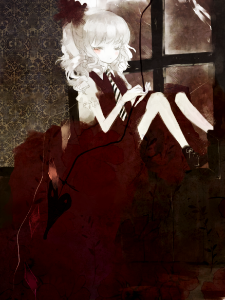 prino hawell, flandre scarlet, touhou, bad id, bad pixiv id, 1girl, closed eyes, dress, female focus, indoors, necktie, solo