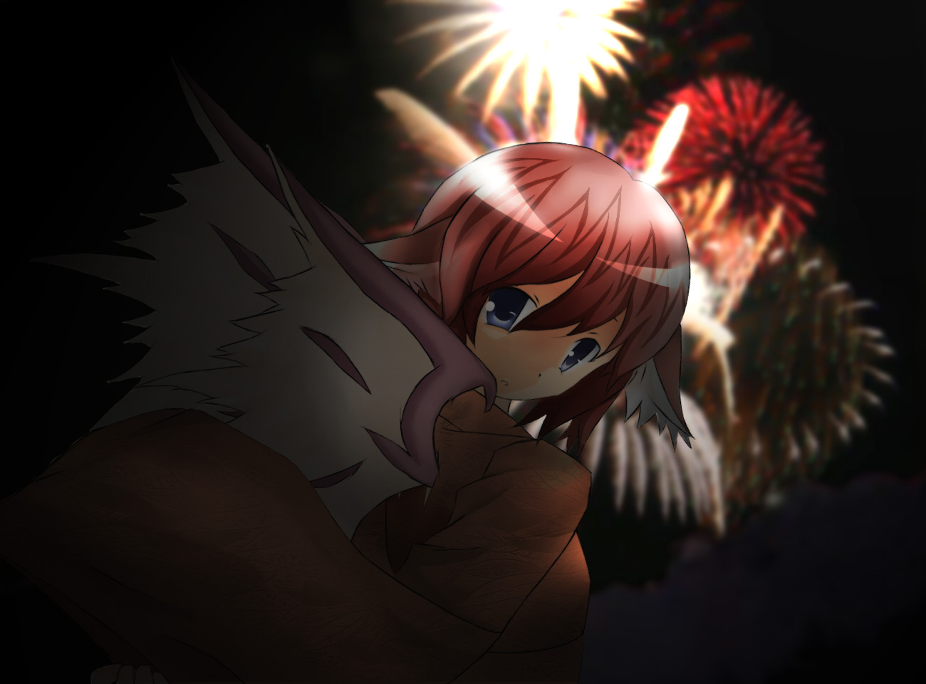 ibis1, mystia lorelei, touhou, bad id, bad pixiv id, 1girl, aerial fireworks, animal ears, blue eyes, female focus, fireworks, short hair, solo, wings