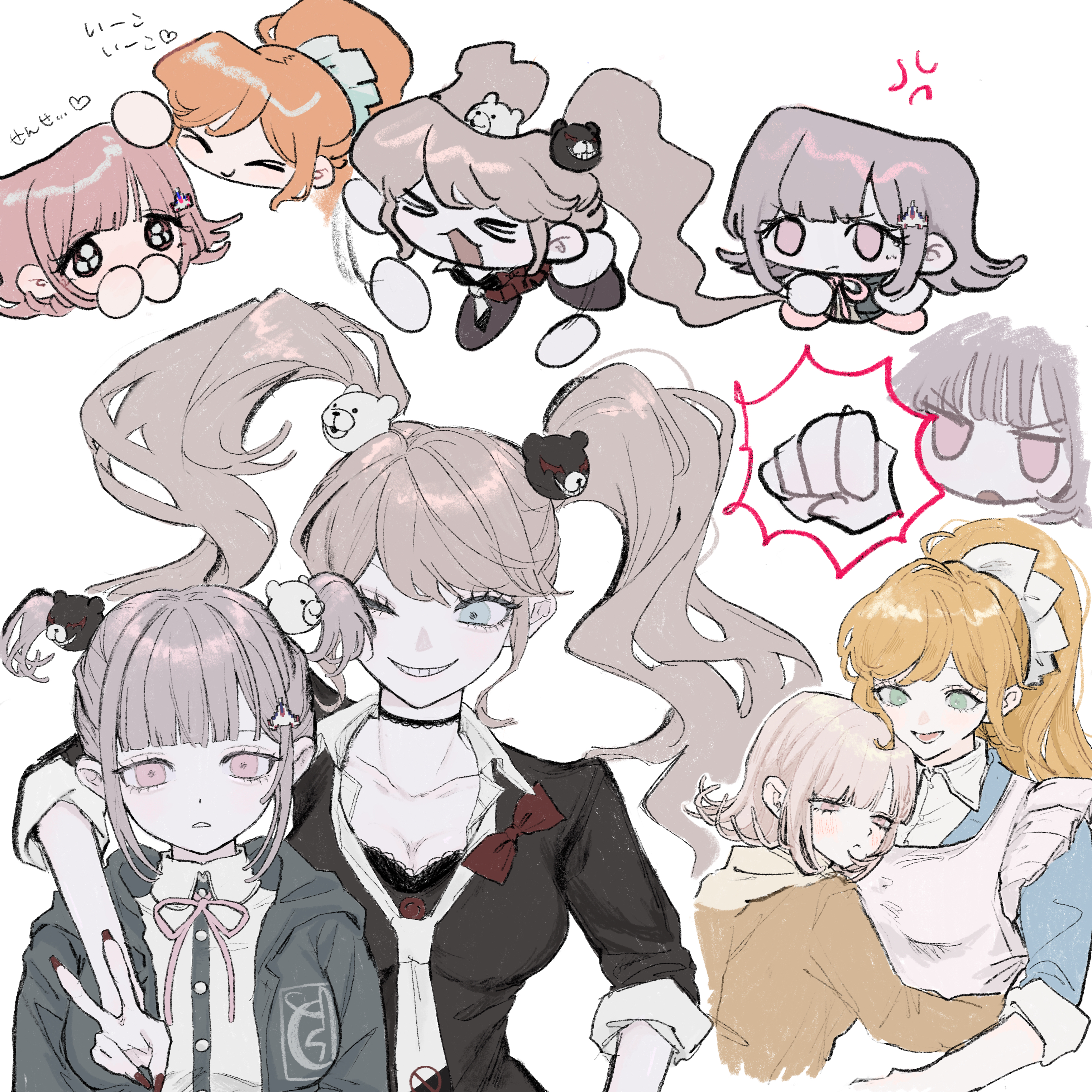seailand, enoshima junko, nanami chiaki, yukizome chisa, danganronpa: trigger happy havoc, danganronpa (series), danganronpa 2: goodbye despair, danganronpa 3 (anime), absurdres, highres, translation request, 3girls, anger vein, arm around shoulder, bear hair ornament, black necktie, black shirt, blonde hair, bow, breasts, brown hair, brown jacket, cleavage, collarbone, dress shirt, hair ornament, hand up, heart, hope's peak academy school uniform, jacket, large breasts, long hair, long sleeves, medium hair, multiple girls, nail polish, necktie, open clothes, open jacket, orange hair, pink eyes, ponytail, red bow, red nails, school uniform, shirt, simple background, teeth, twintails, v, white background, white necktie, white shirt