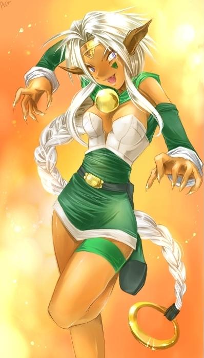 aisha clanclan, outlaw star, artist request, non-web source, 1990s (style), 1girl, animal ears, bell, belt, blue eyes, braid, breasts, cat ears, circlet, cleavage, dark-skinned female, dark skin, detached sleeves, dress, fangs, female focus, hair ornament, jewelry, jingle bell, large breasts, long hair, miniskirt, pointy ears, purple eyes, retro artstyle, short dress, single braid, skirt, smile, solo, thigh strap, tiara, very long hair, white hair