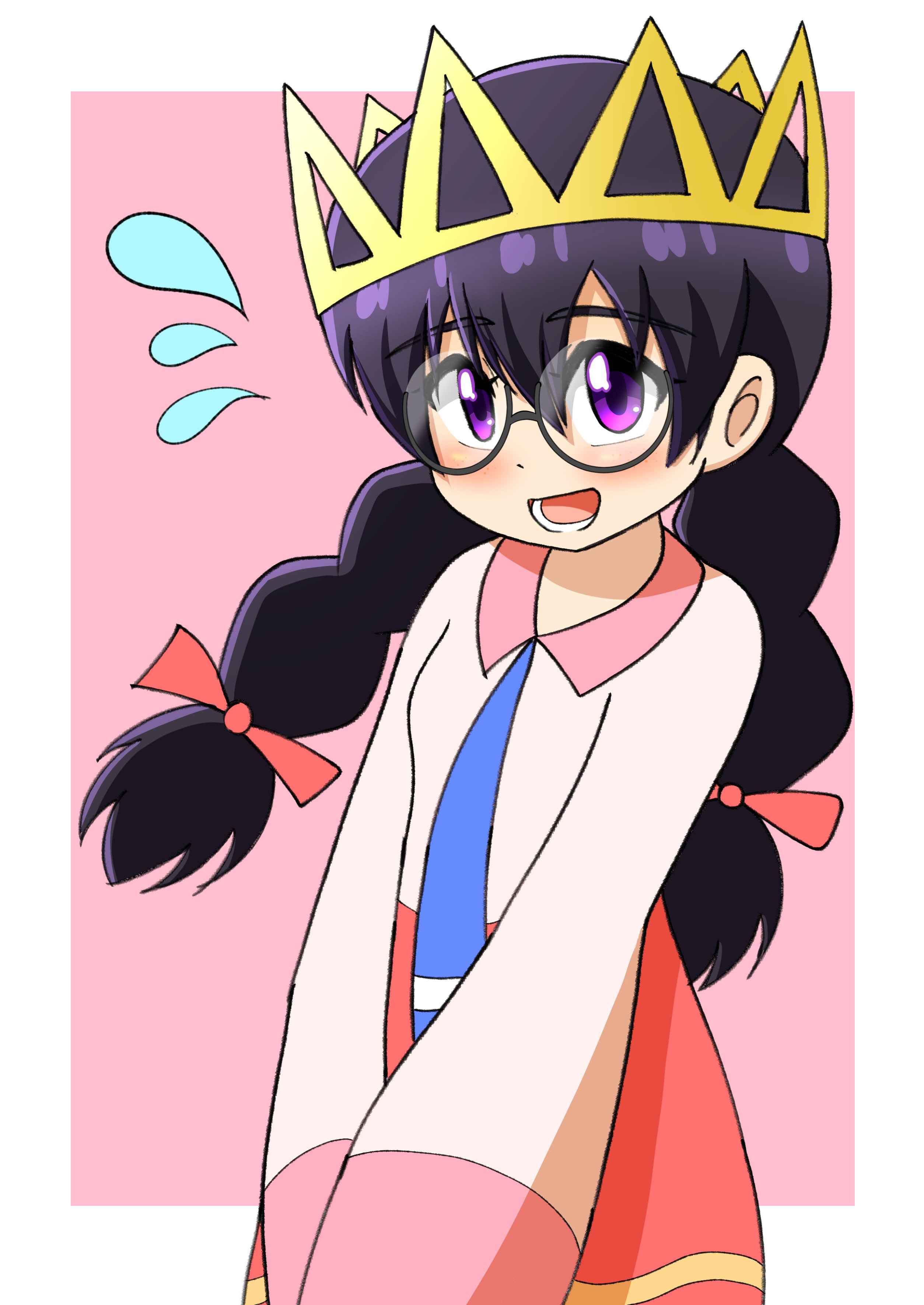 taru ta ru, ripple star queen, kirby (series), kirby 64, nintendo, absurdres, highres, 1girl, blush, bow, braid, crown, flying sweatdrops, glasses, hair bow, low twin braids, open mouth, pink background, pink bow, purple eyes, simple background, sleeves past fingers, sleeves past wrists, smile, twin braids