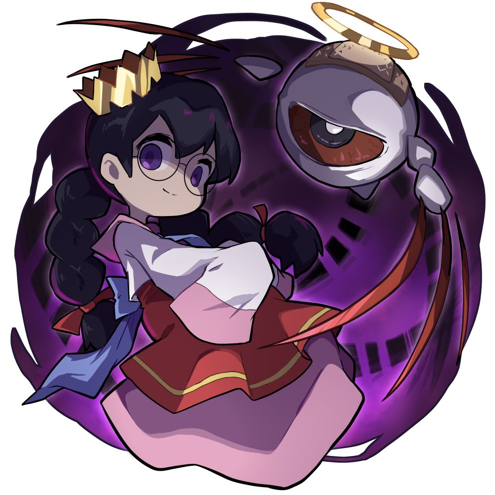 poyo party, ripple star queen, zero two (kirby), kirby (series), kirby 64, nintendo, bad id, bad twitter id, 1girl, bandaid, black hair, crown, glasses, hair ribbon, halo, long hair, long skirt, one-eyed, pink skirt, purple eyes, red eyes, red ribbon, ribbon, skirt, sleeves past fingers, sleeves past wrists, smile