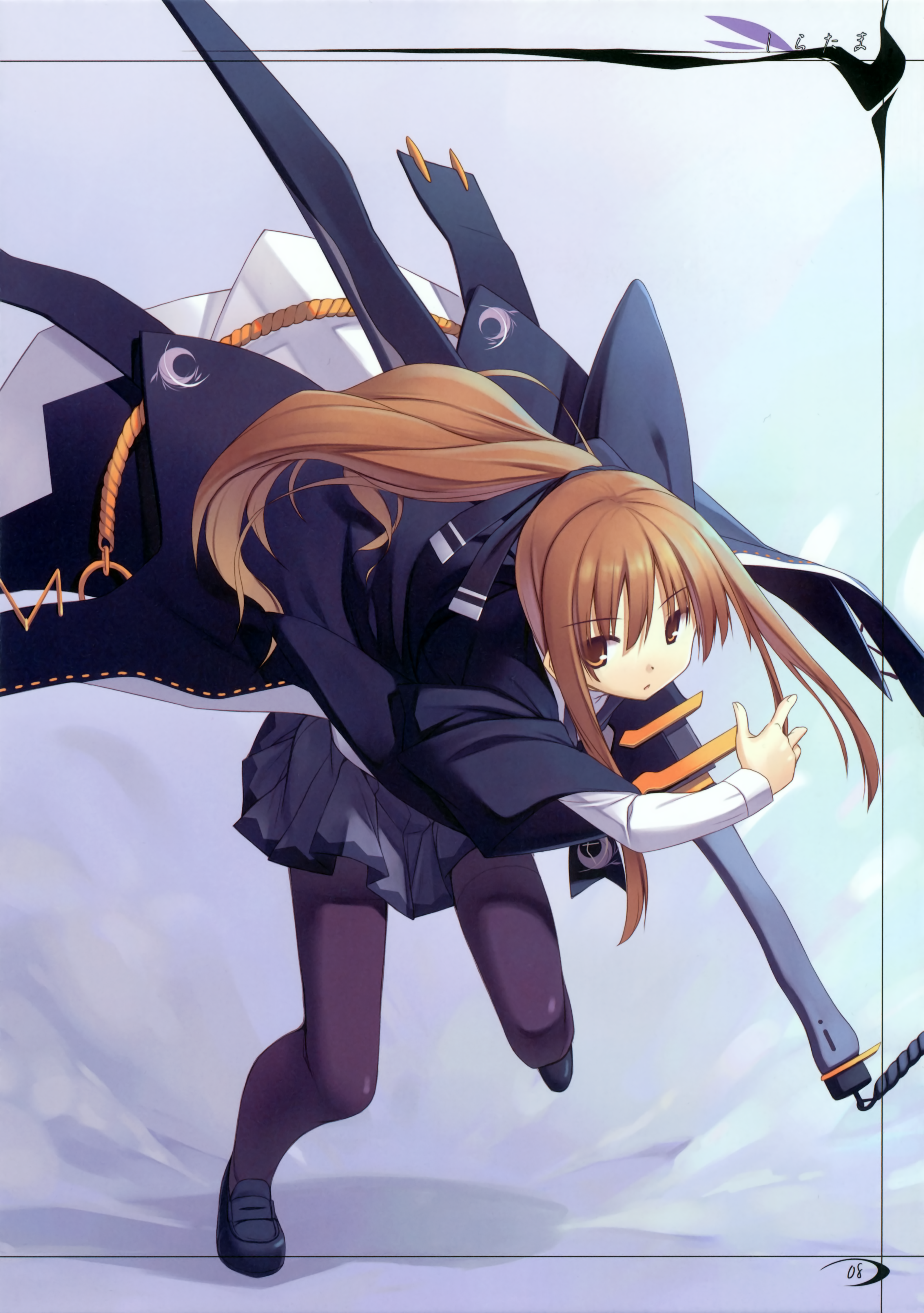 poco (asahi age), absurdres, highres, scan, 1girl, asahiage, brown eyes, brown hair, female focus, fighting stance, long hair, pantyhose, ponytail, ready to draw, school uniform, solo, sword, weapon