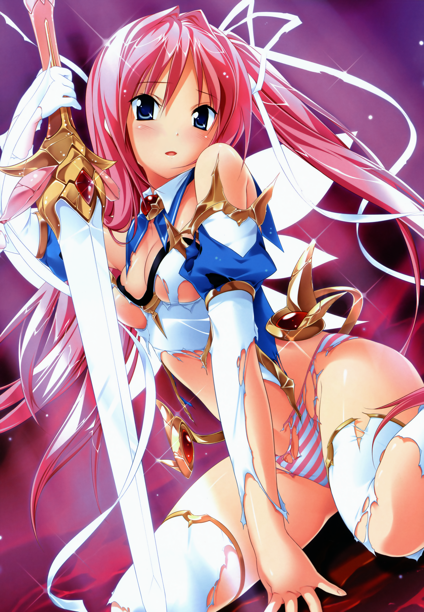 koku, kodama izayoi, stellula eques, highres, 1girl, blue eyes, blush, breasts, cleavage, female focus, kneeling, large breasts, long hair, panties, pink hair, solo, striped clothes, striped panties, sword, thighhighs, torn clothes, twintails, underboob, underwear, very long hair, weapon
