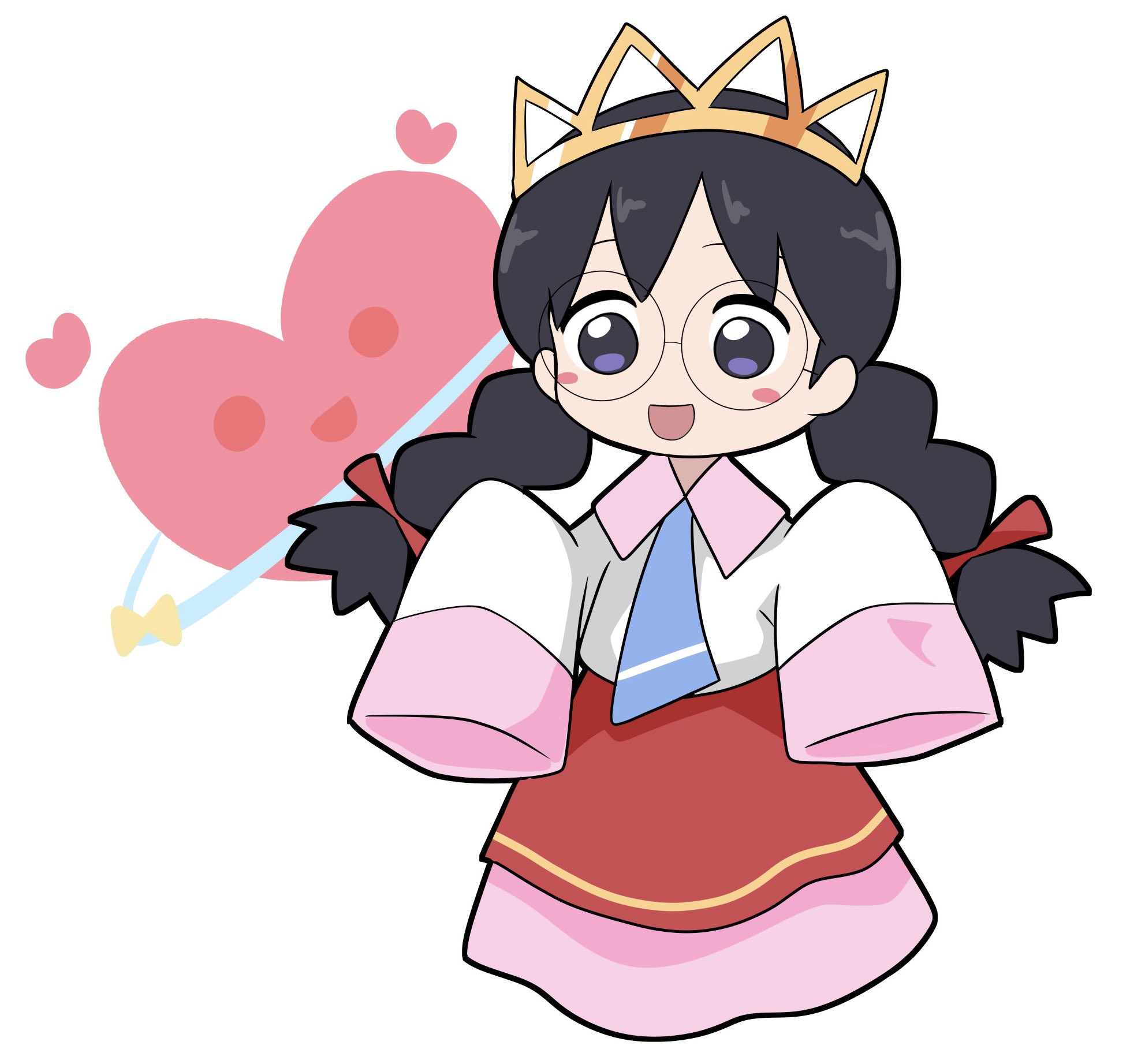 poyo party, ripple star queen, kirby (series), kirby 64, nintendo, highres, 1girl, black hair, braid, crown, glasses, long skirt, low twin braids, open mouth, purple eyes, ripple star, simple background, skirt, sleeves past fingers, sleeves past wrists, smile, twin braids, white background