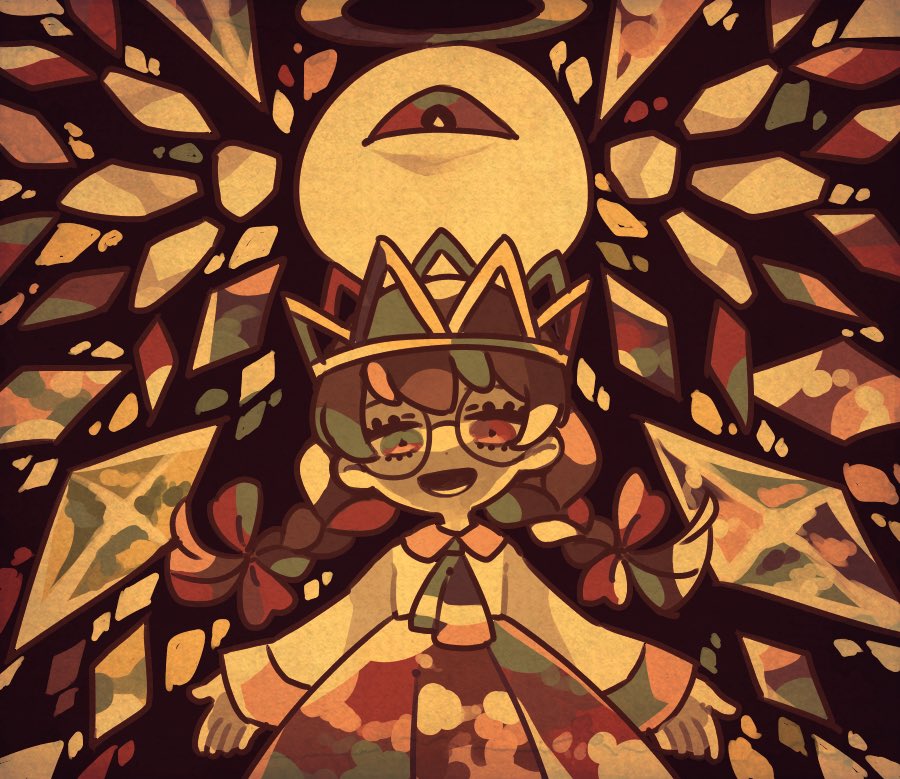 maru (umc a), ripple star queen, zero two (kirby), kirby (series), kirby 64, nintendo, bad id, bad twitter id, 1girl, black hair, bow, braid, crown, crystal, hair bow, halo, long hair, looking at viewer, low twin braids, one-eyed, open mouth, smile, twin braids