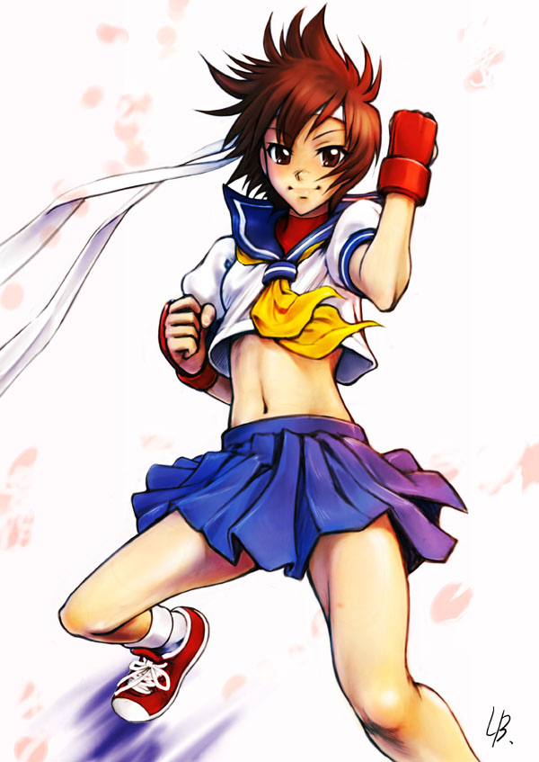 lb, kasugano sakura, capcom, street fighter, 1girl, blue sailor collar, female focus, gloves, midriff, sailor collar, school uniform, short hair, solo